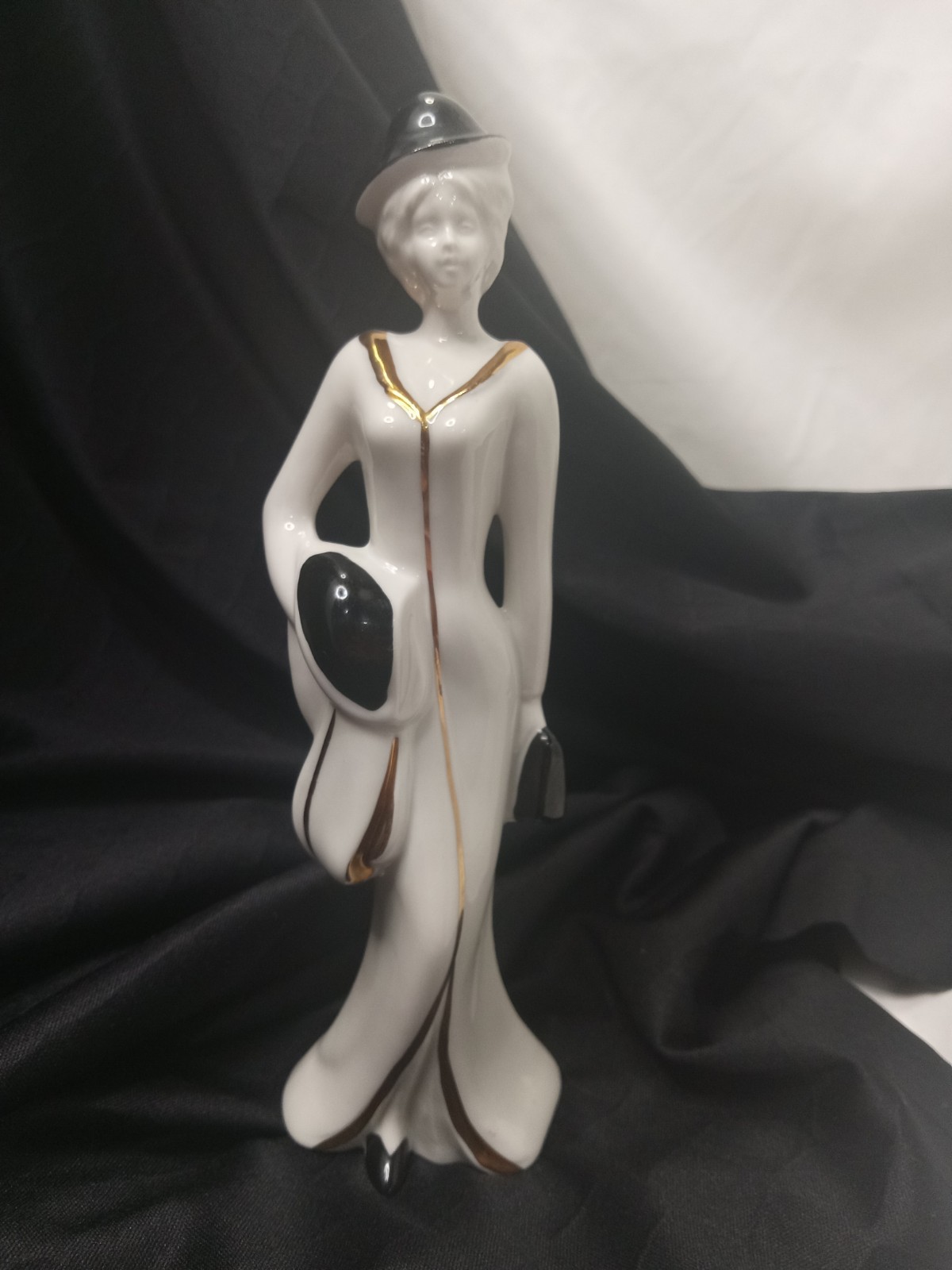 Vintage Capodimonte Porcelain White Black & Gold Art Deco Woman Figure 7″ Italy
