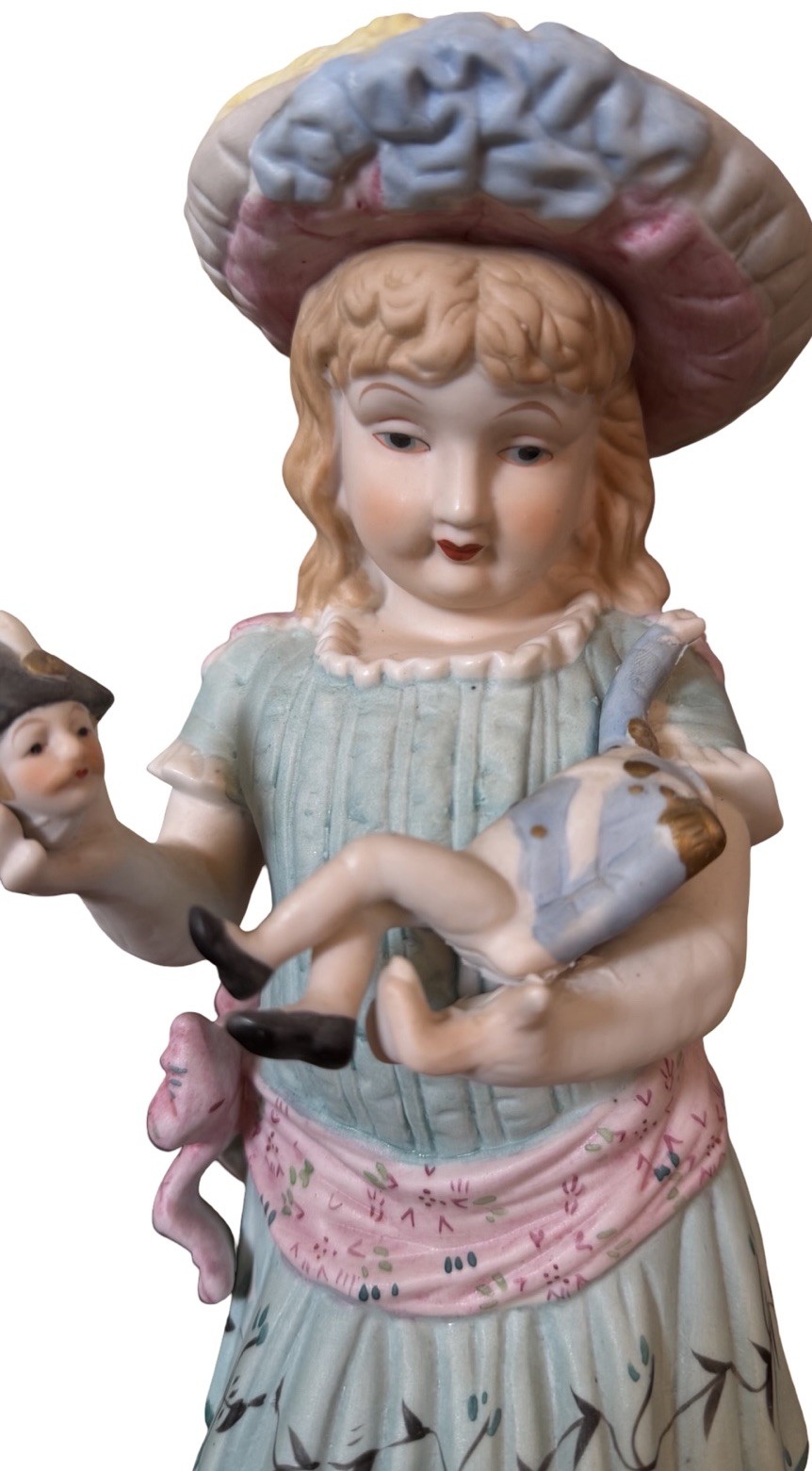 RARE Large Antique French Bisque Porcelain Little girl with broken doll Figurine