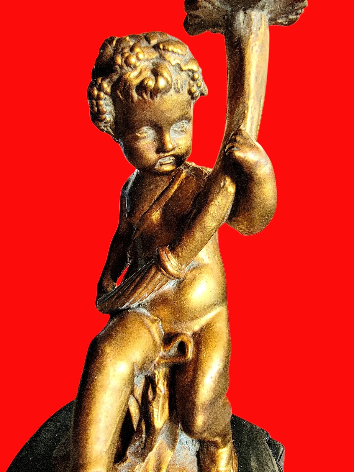 Antique Gold Gilded Bronze Putti Cherub Statue on Black Marble Plinth