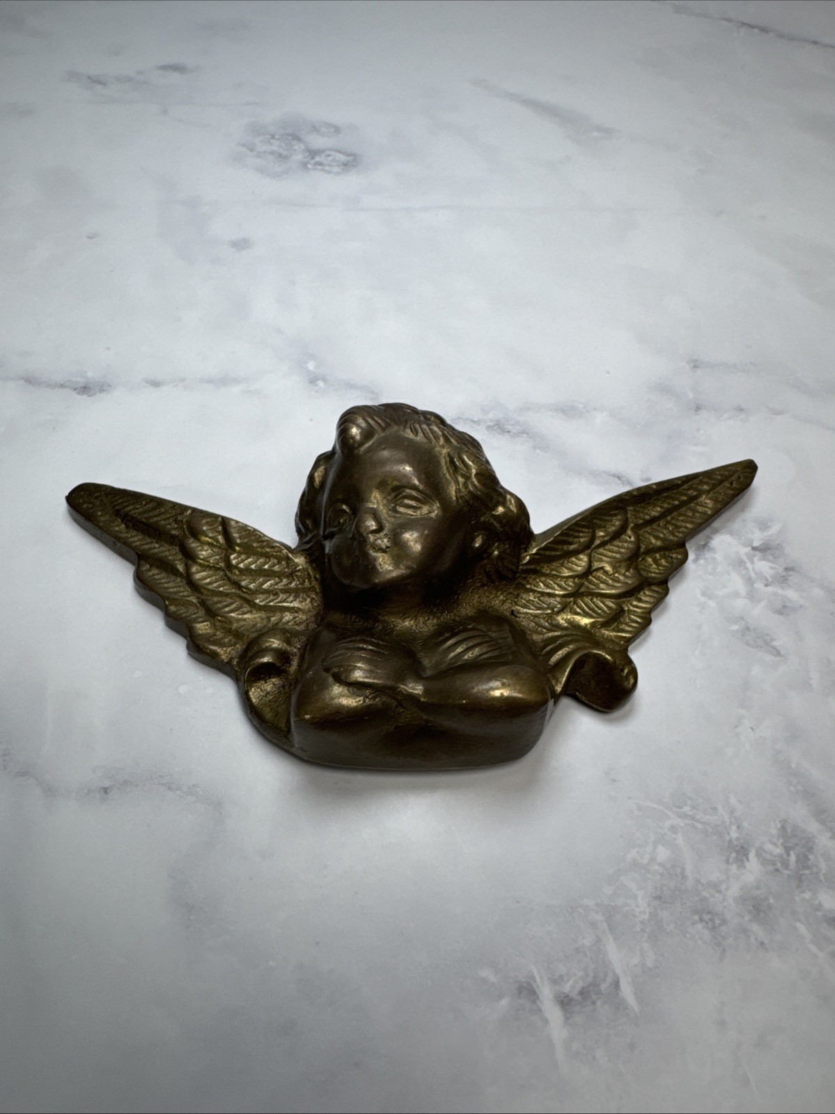 Vintage Brass Angel Cherub Wall Hanging Boudoir Whimsical Sculpture Figurine 5″