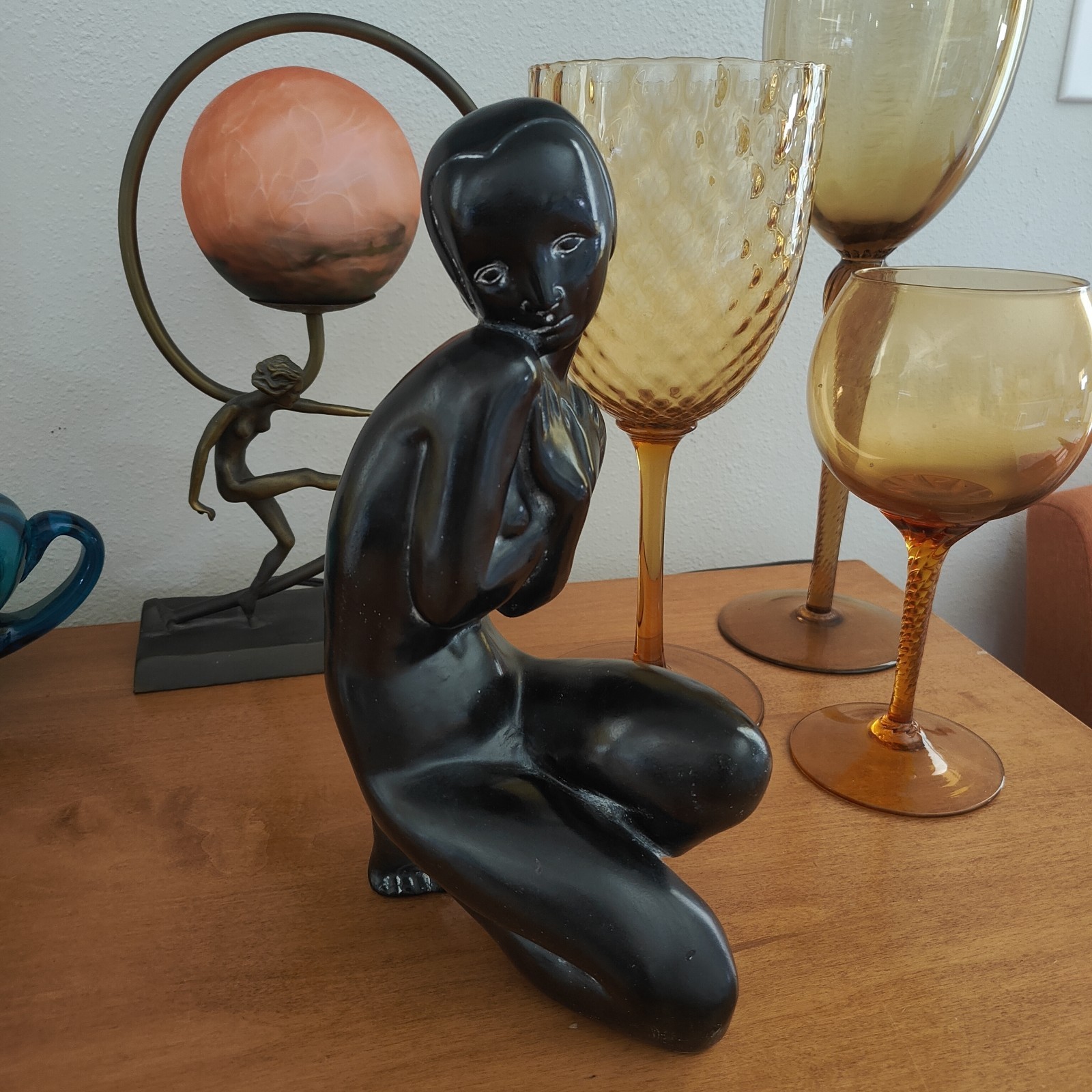 Vintage MCM Alexander Backer Chalk Ware Nude Lady Sculpture BLACK Art Deco 12″ H