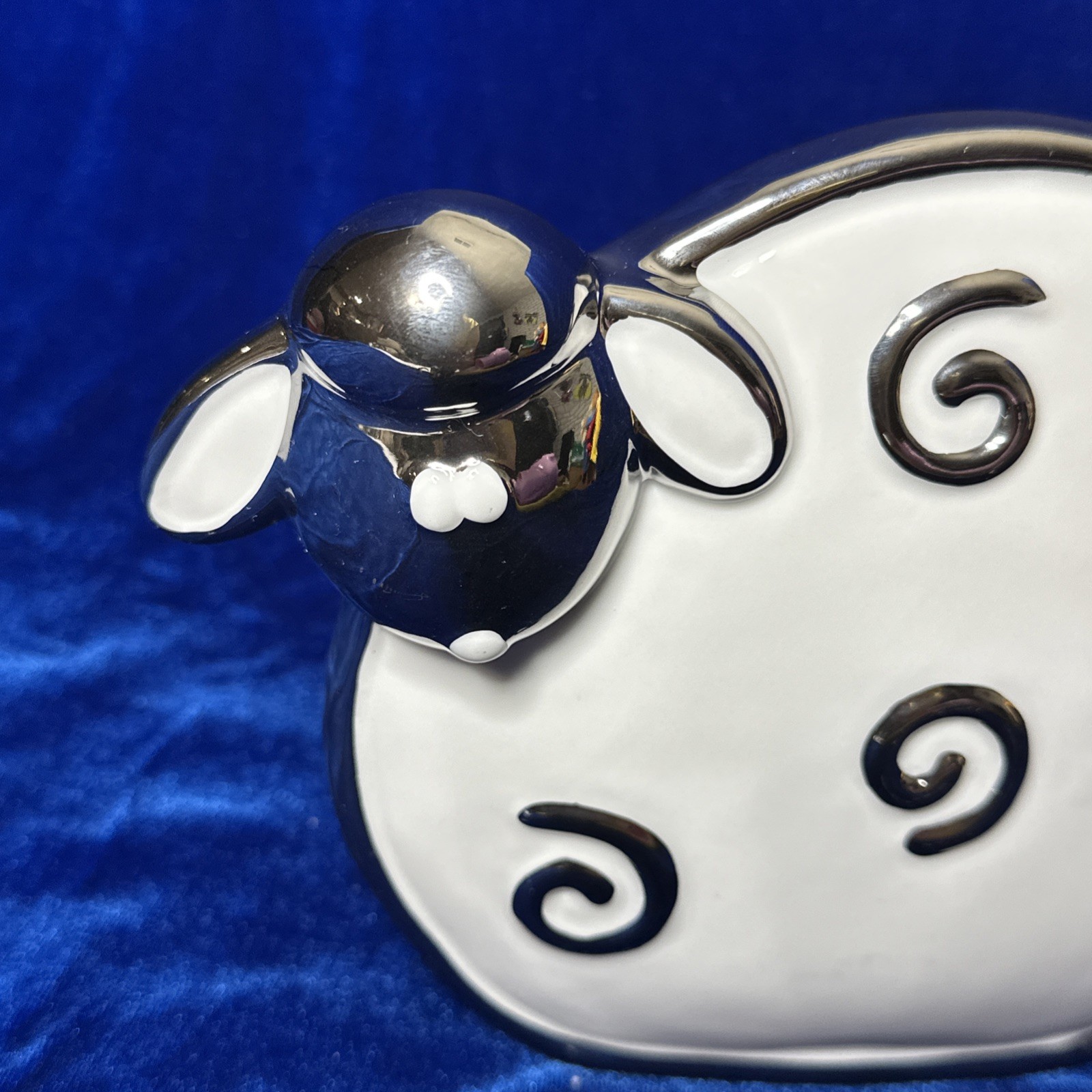 Ceramic Whimsical Silver & White Sheep Decor 6” X 8” Mirrored Back