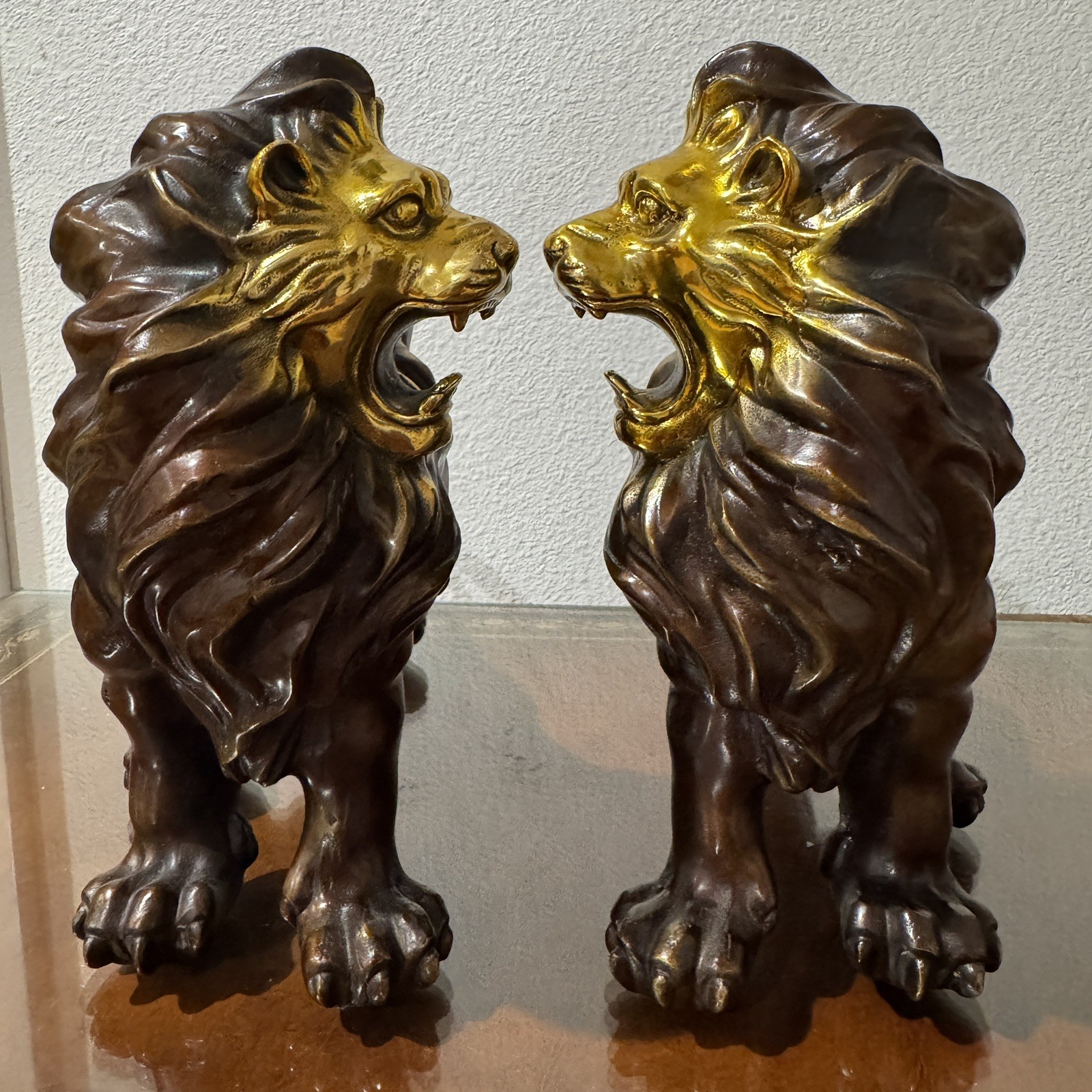 H 8” L 10” Vintage A Pair (2 Pieces) Pure Bronze Gilt Lion Statue Ornament