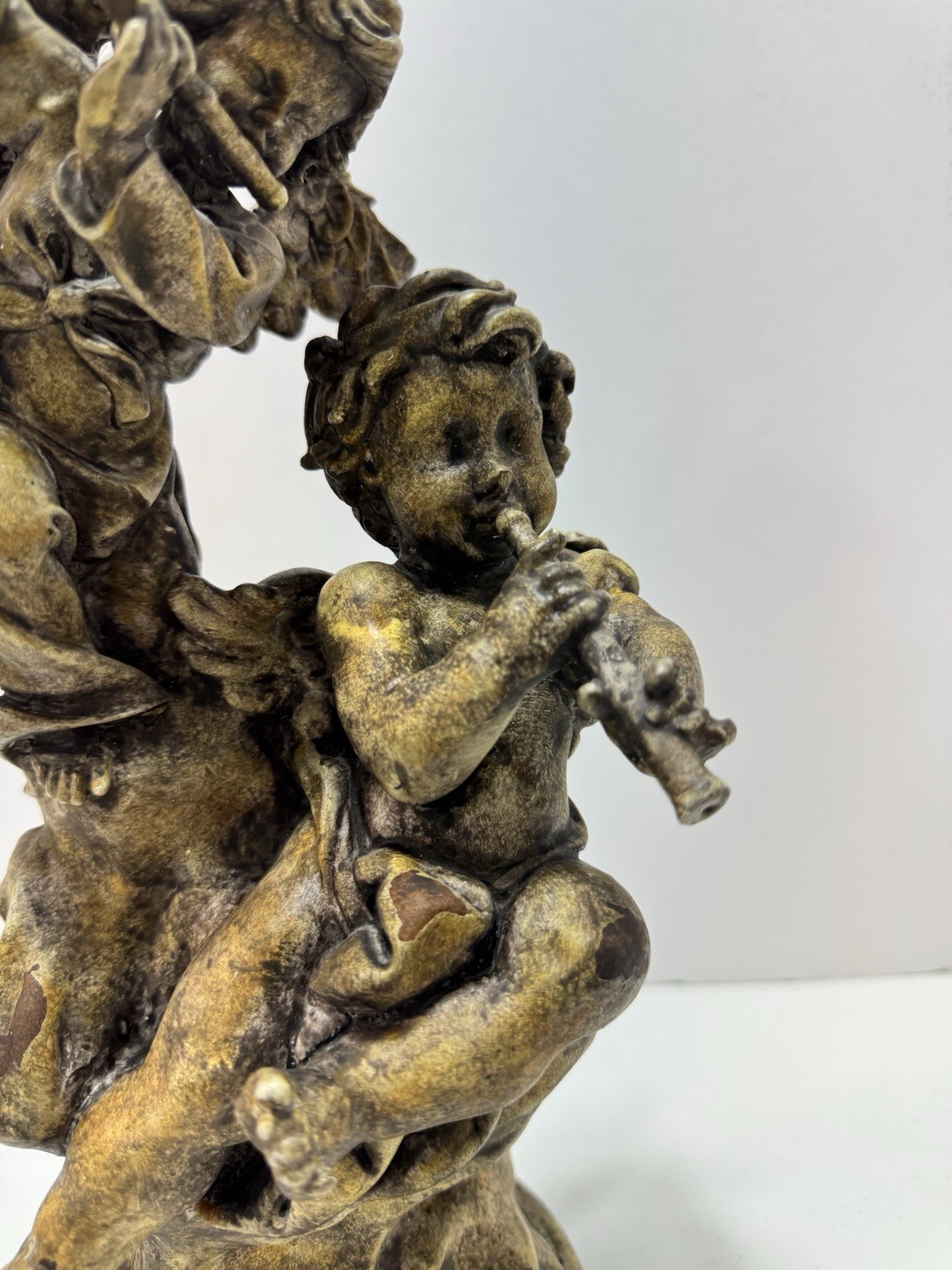 Antique Gold Cherub Statue Baroque-Style Angel Figurine with Musical Instruments