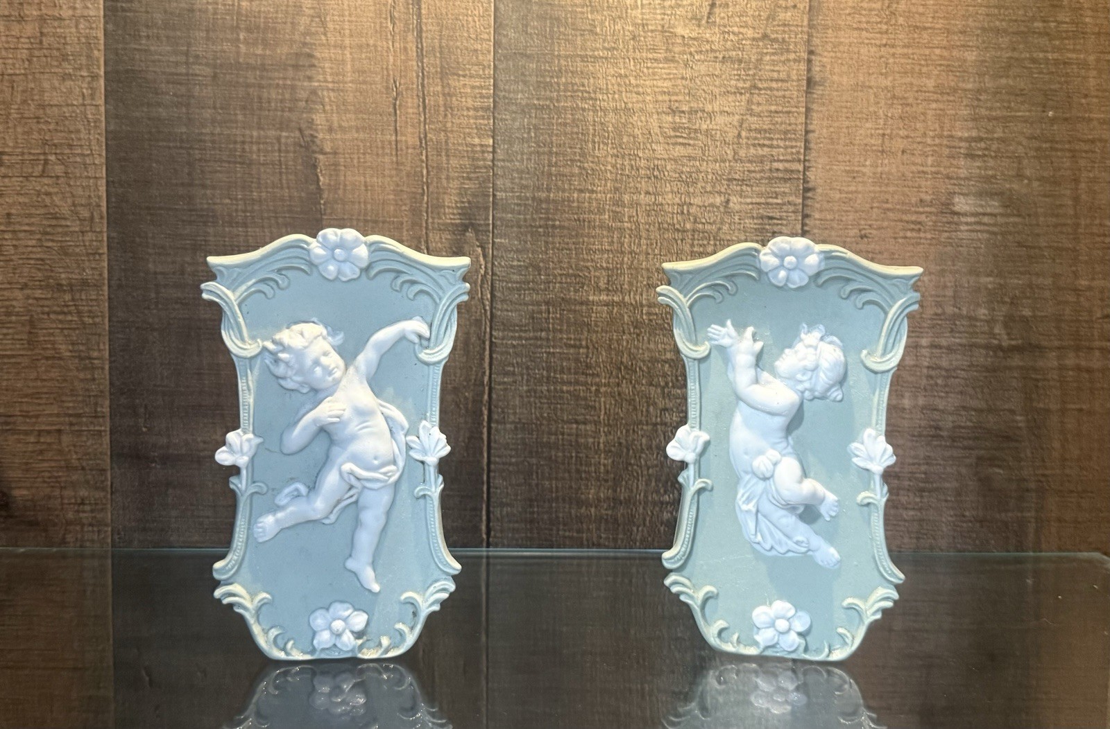 Vintage Japan Sage Green Jasperware Bisque Porcelain Cherub Wall Pocket Vases(2)
