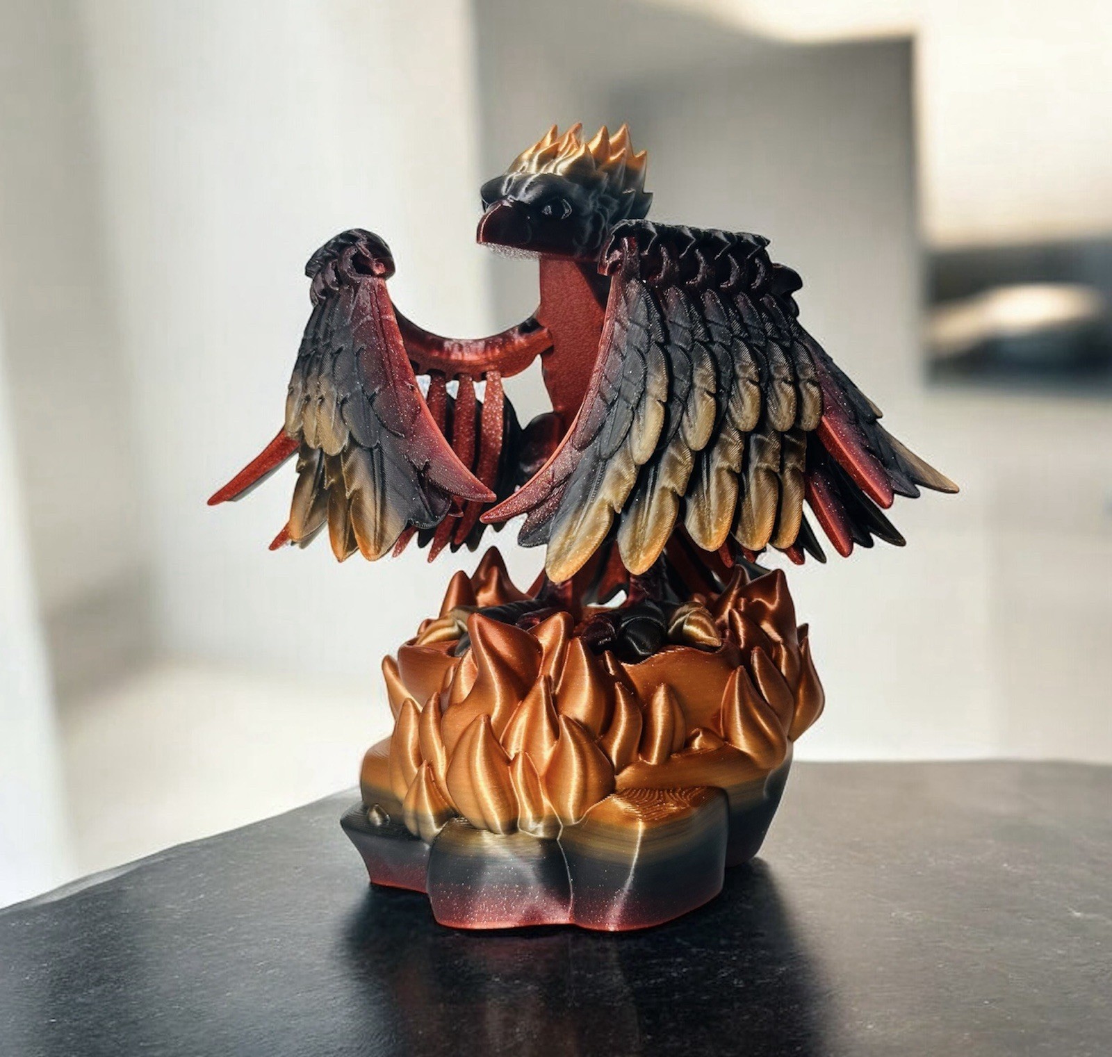 Phoenix Figurine – Articulated 3D Printed, Gold Red Black