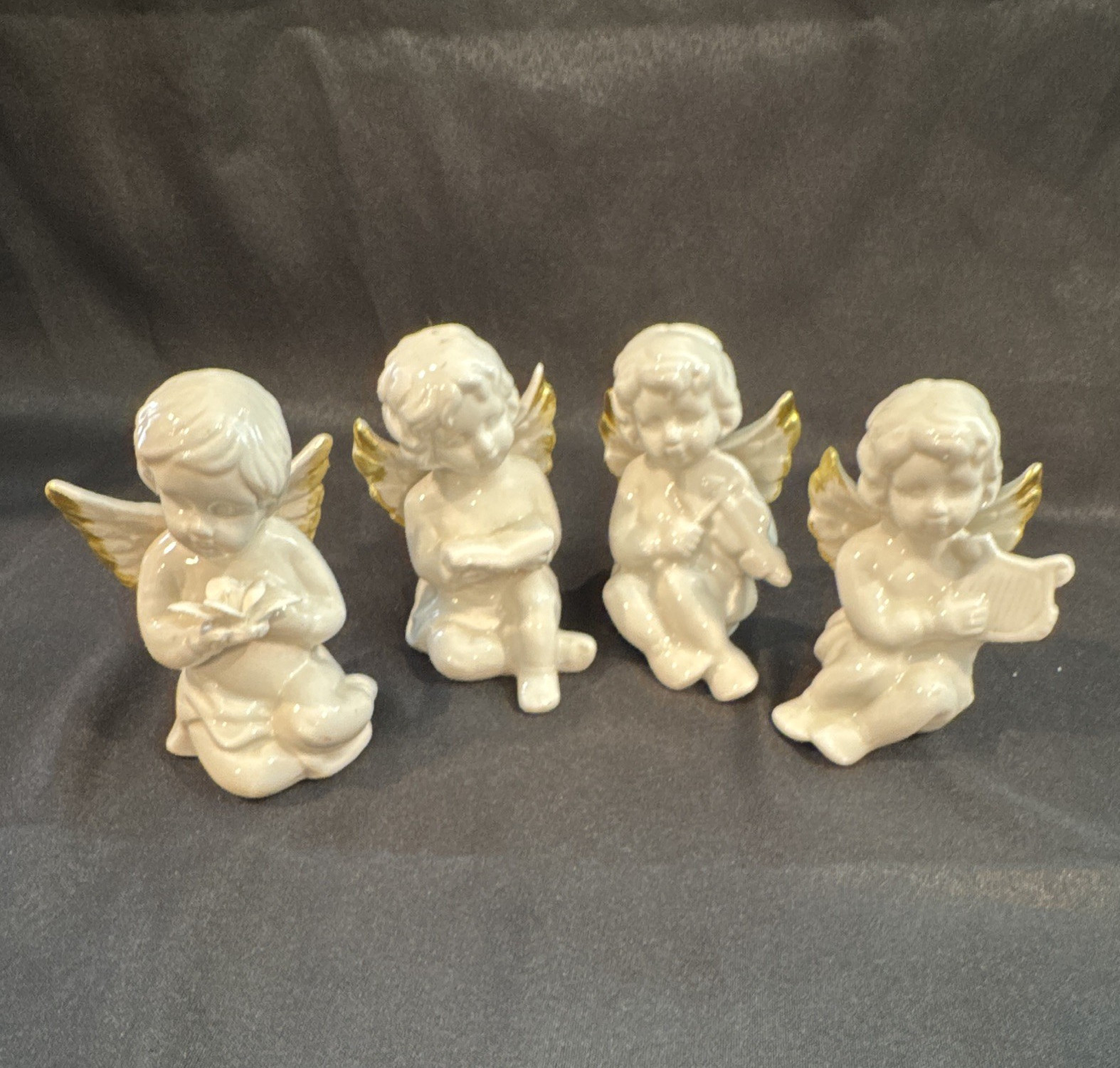Set of 4 White & Gold Ceramic Cherub Angel Figurines Glossy 3D Effect