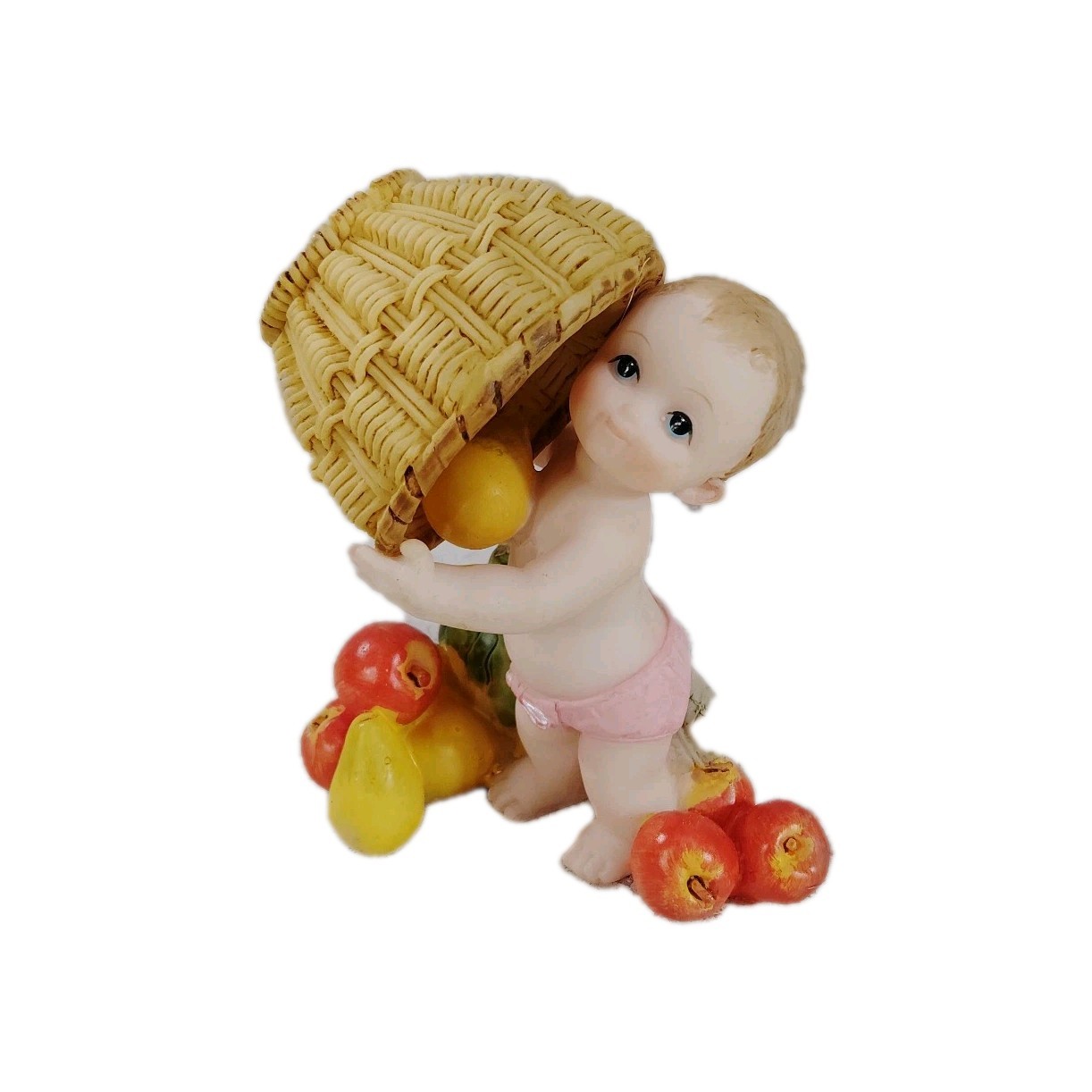 Vintage Little Boy Cherub Resin Figurine W/ Fruit 3″ Hand Painted