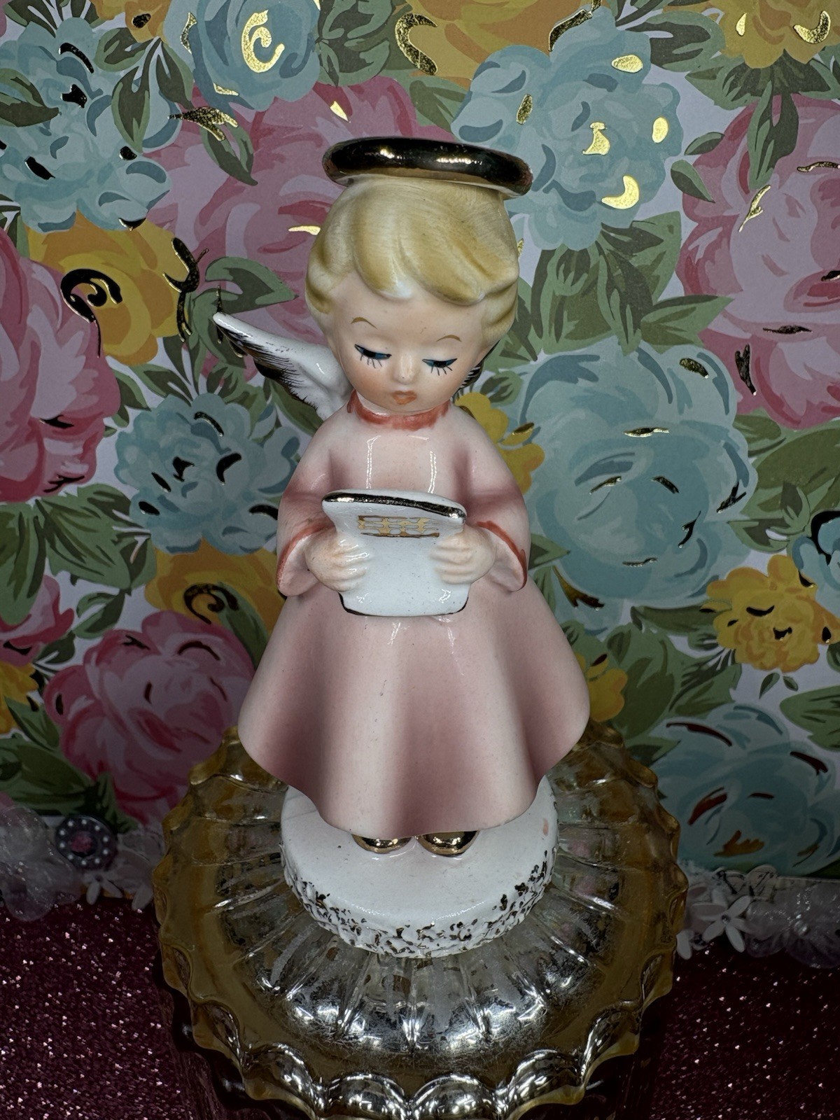 Vtg Small Easter Angel Girl In Peach Holding Sheet Music Figurine Art Gift Japan