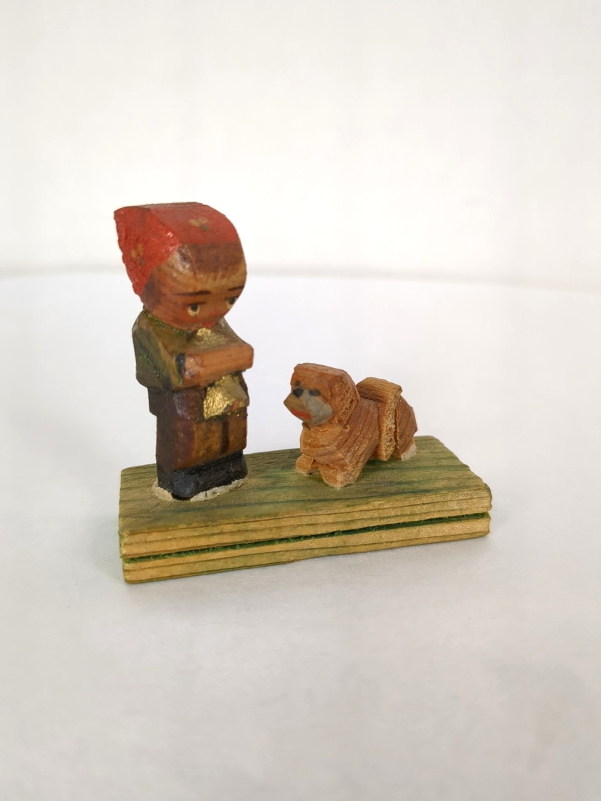 Vintage Girl with Dog Wood Hand Carved Erzgebirge Style Italy Miniature 1.75 In