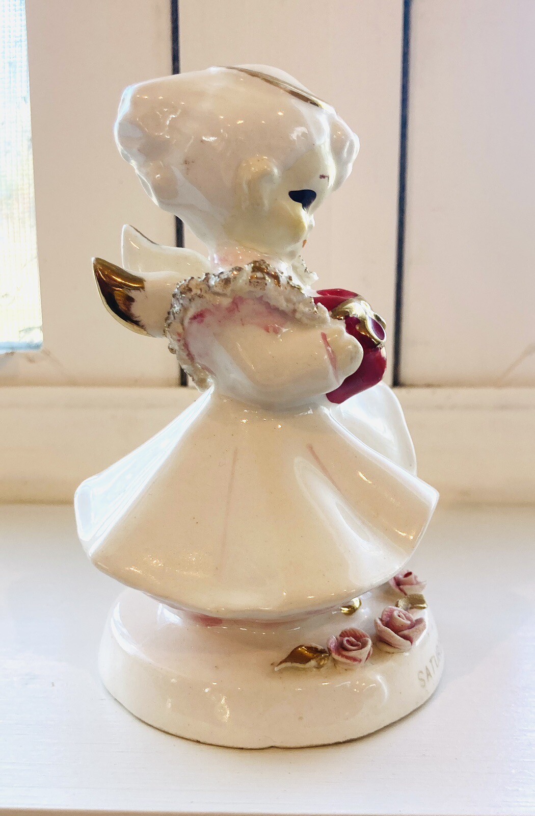 Vintage Napco Lefton ceramic anget w red heart petticoat Saturdays Angel