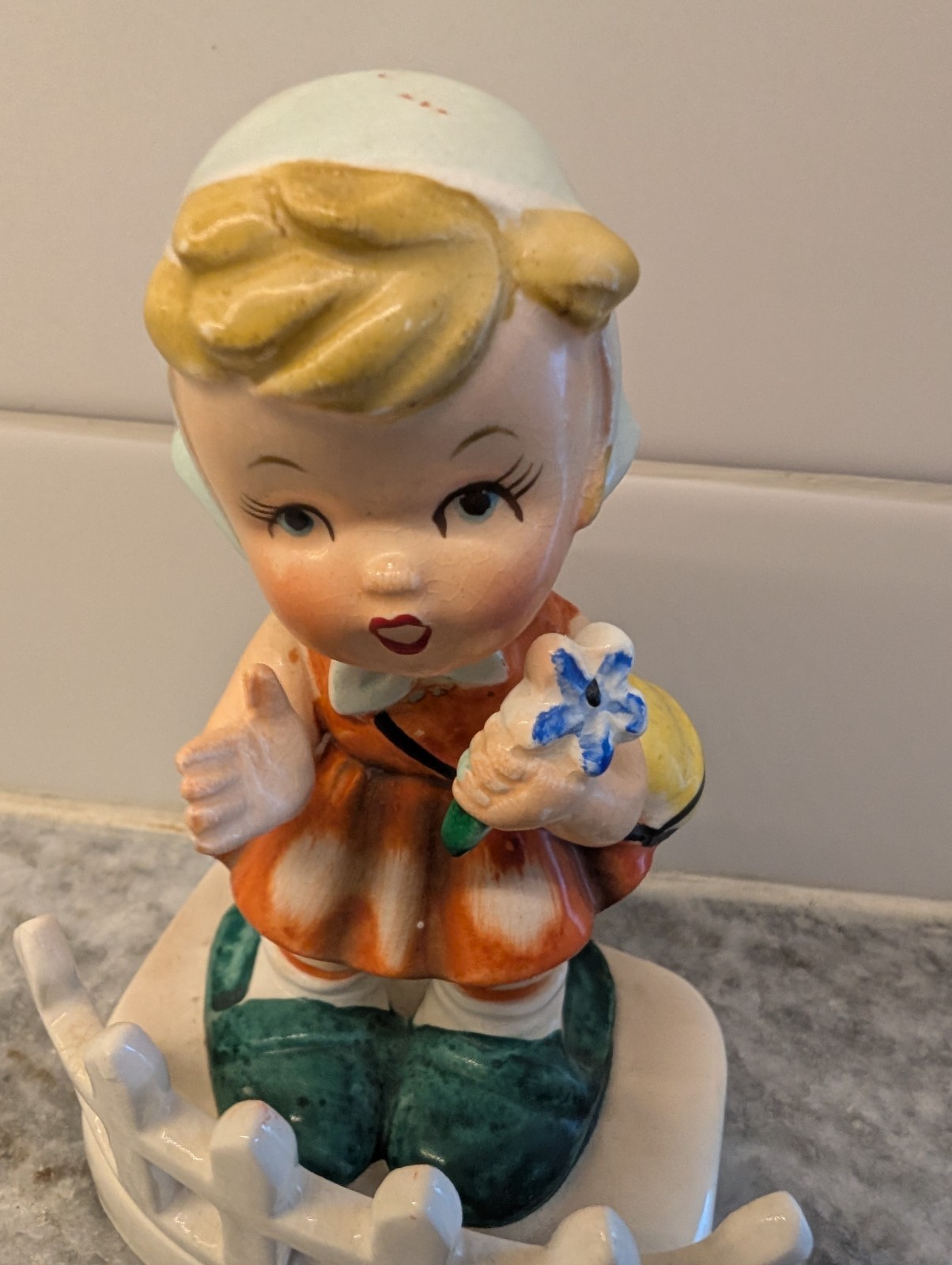 Vintage Little Girl With Flowers in the Park & WHITE PICKET FENCE, Made In Japan
