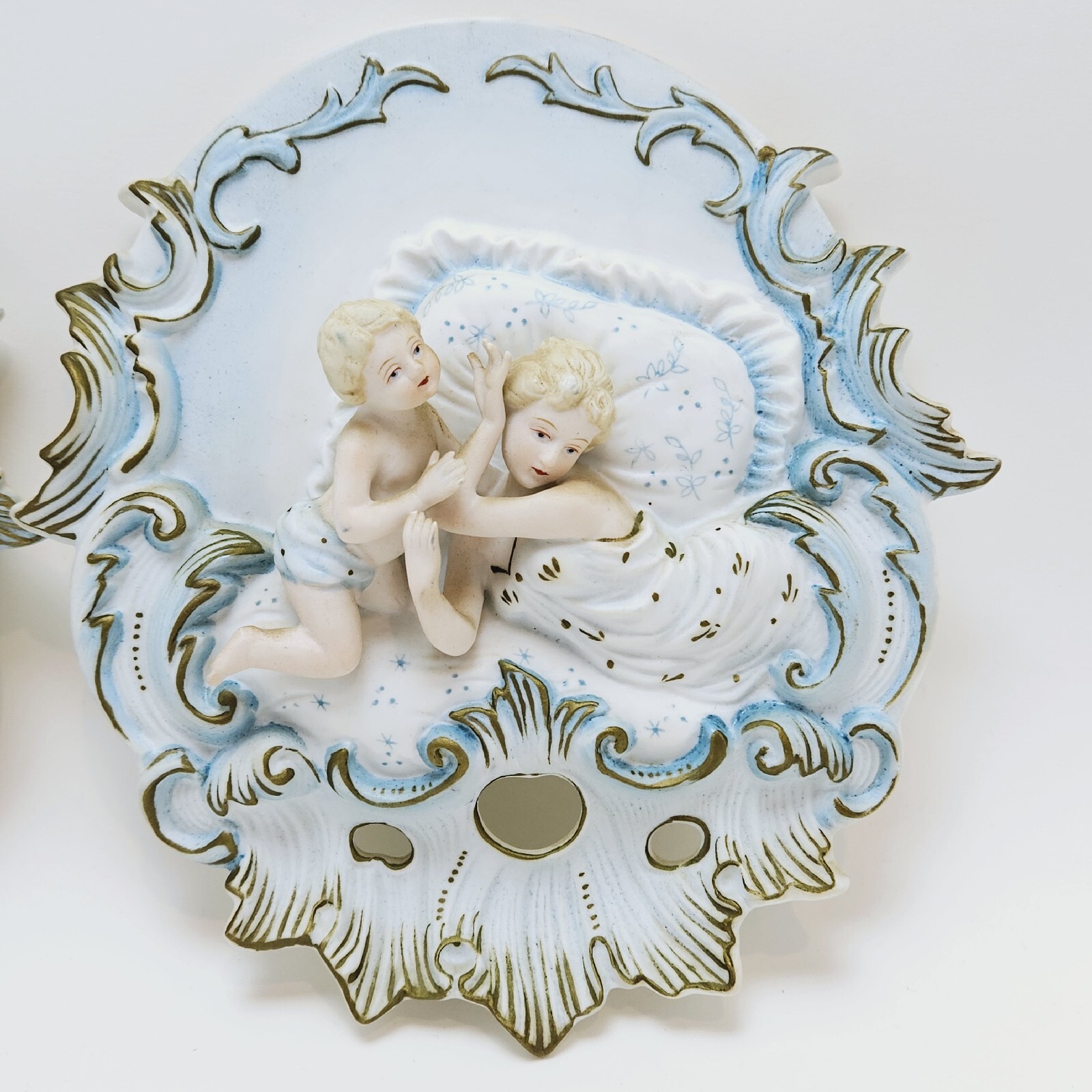 Vintage Mother & Baby Putti Boy Bisque Porcelain Victorian Wall Plaques (2)