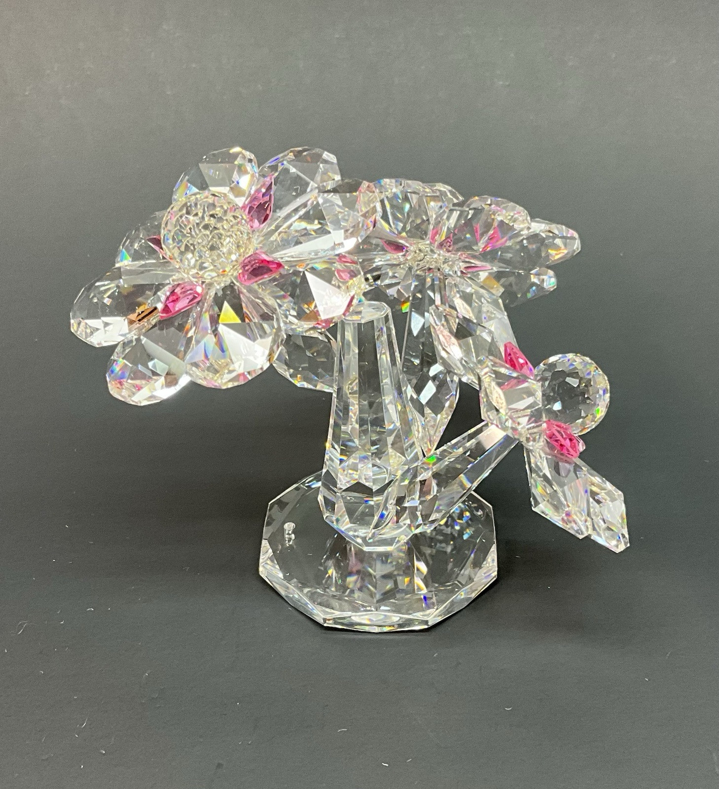 Crystal Clear/Pink Flower Figurine Glass Bouquet Floral On Base Collectible