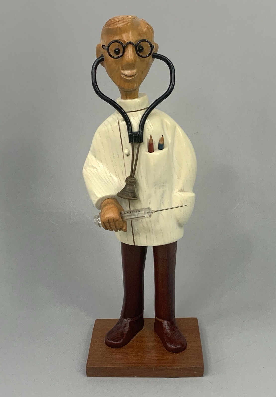 12″ Carved Wood Figure Medical Doctor w/ Stethoscope & Needle Romer Italy