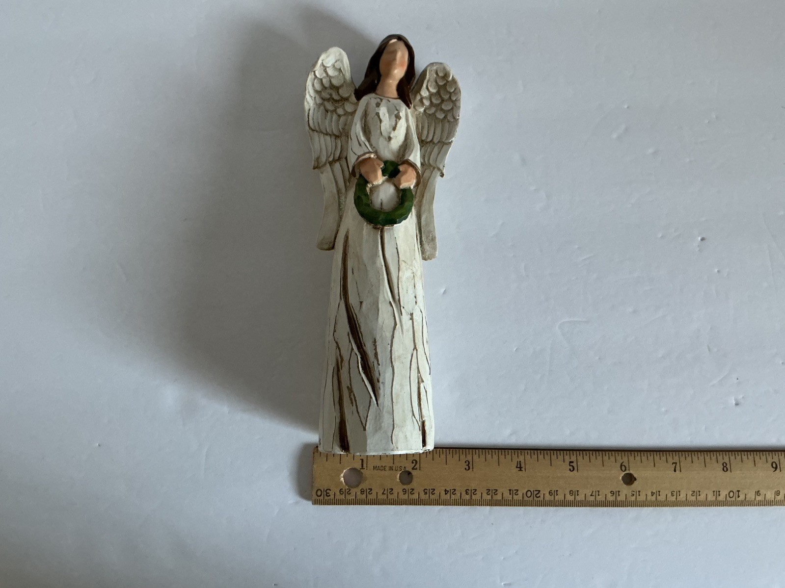 Silent Night Angel in White holding Green Wreath – Beautiful 8″ Tall Wood Resin
