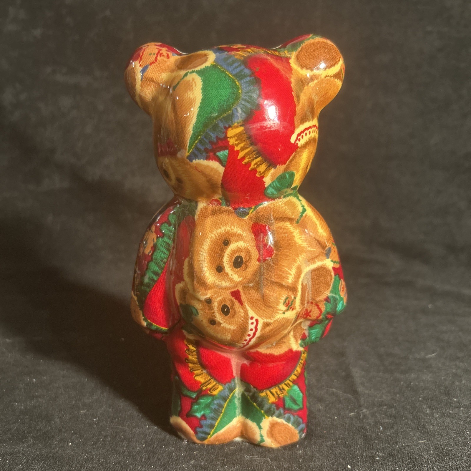 Joan Baker Vintage Teddy Bear Porcelain Fabric Figurine 7.5 inch Christmas