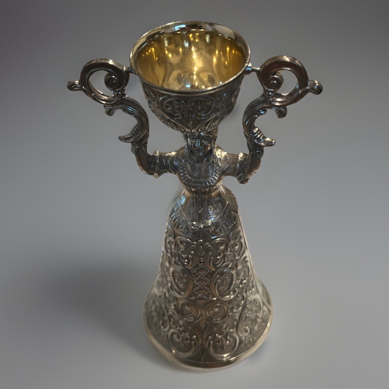 VTG Silverplate Bridal Lady Wedding Cup Goblet Swinging Chalice Pink Stone 7” H