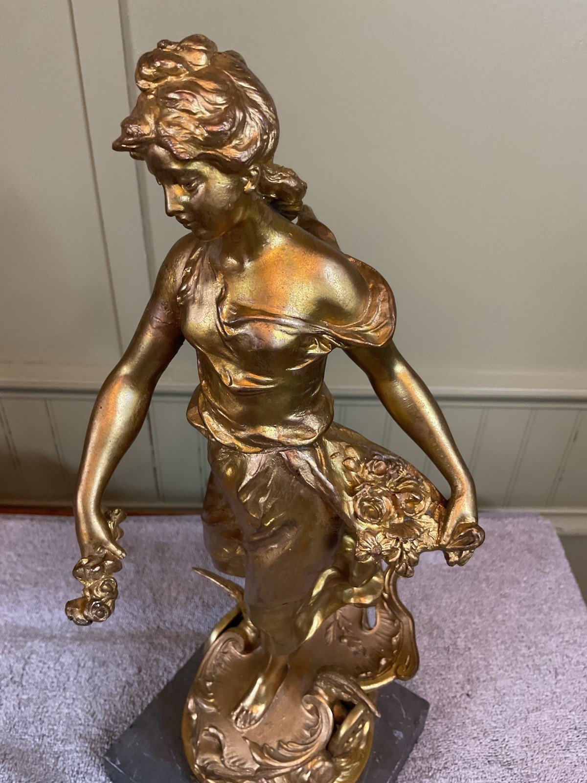 Antique Signed, Gold Gilt Art Nouveau Style Lady Figurine Statue 14”