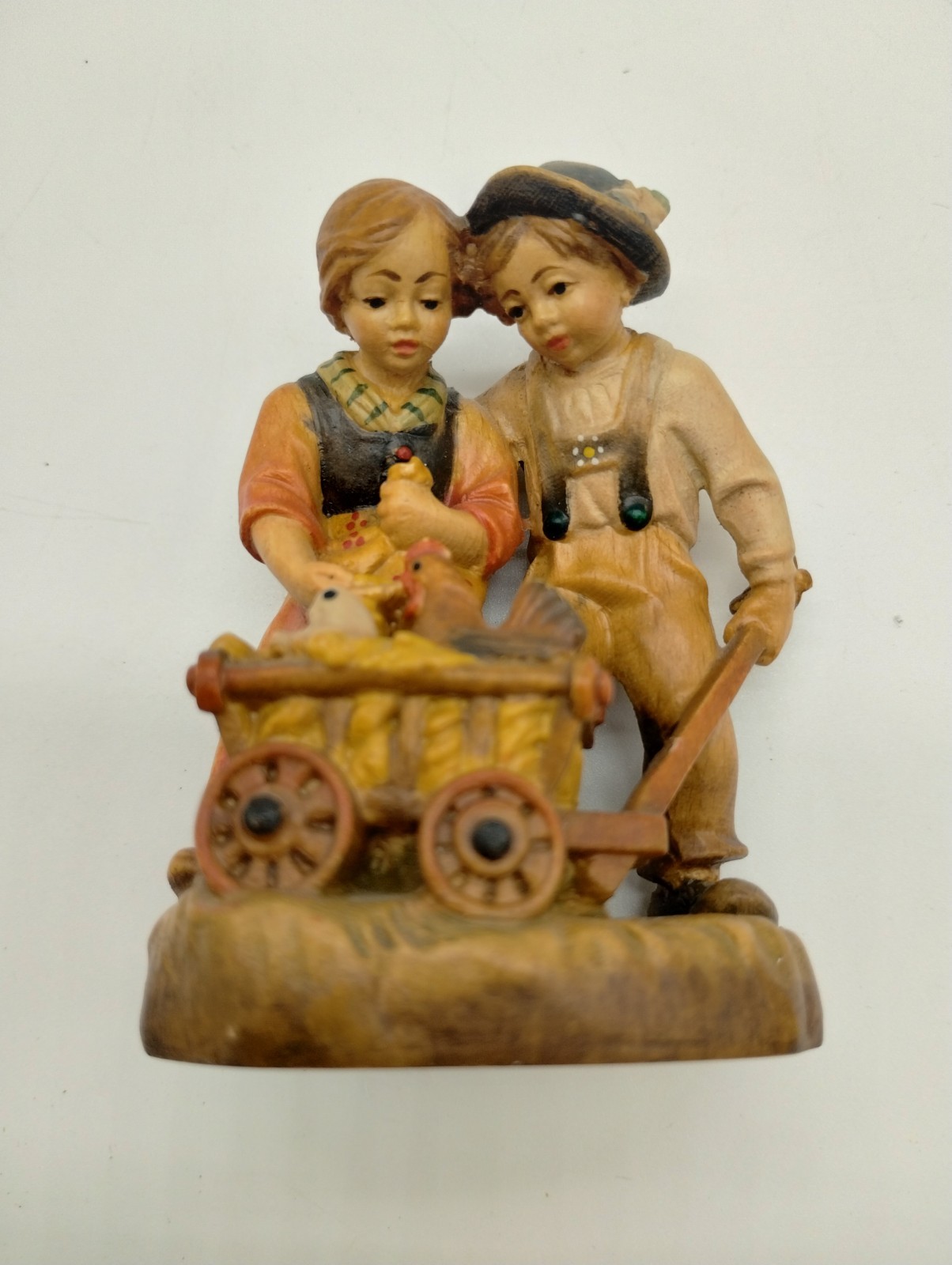 Vintage Wood Figurine Feeding The Chickens Farm Boy Girl Cart Germany?