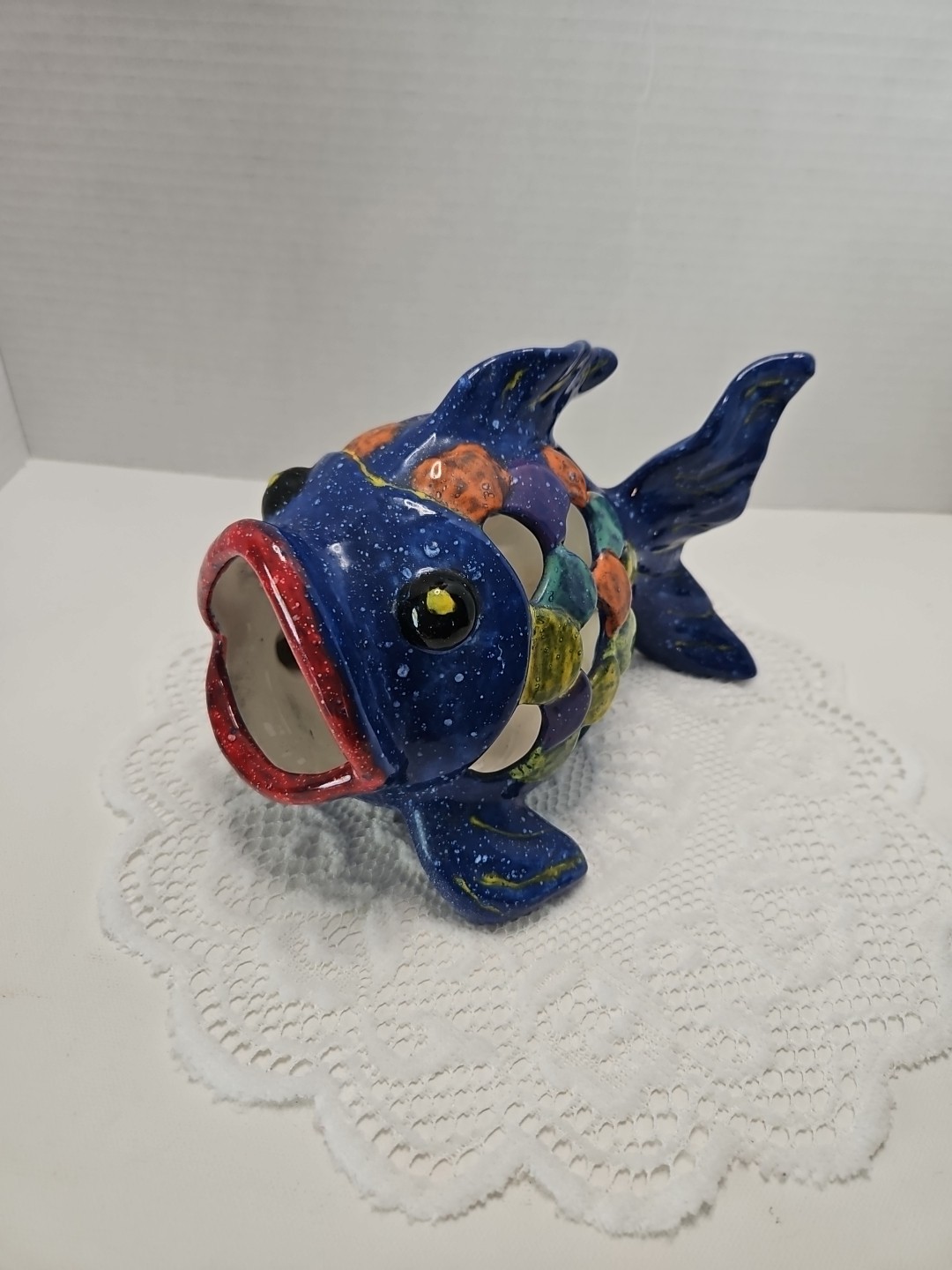 Large Ceramic Multi Colored Open Mouth Koi Fish Figurine Sea Candle Holder