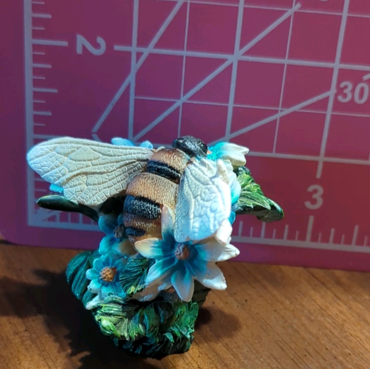 Painted Resin Bee on Blue Flowers Figurine Multicolor Floral Animal Decor
