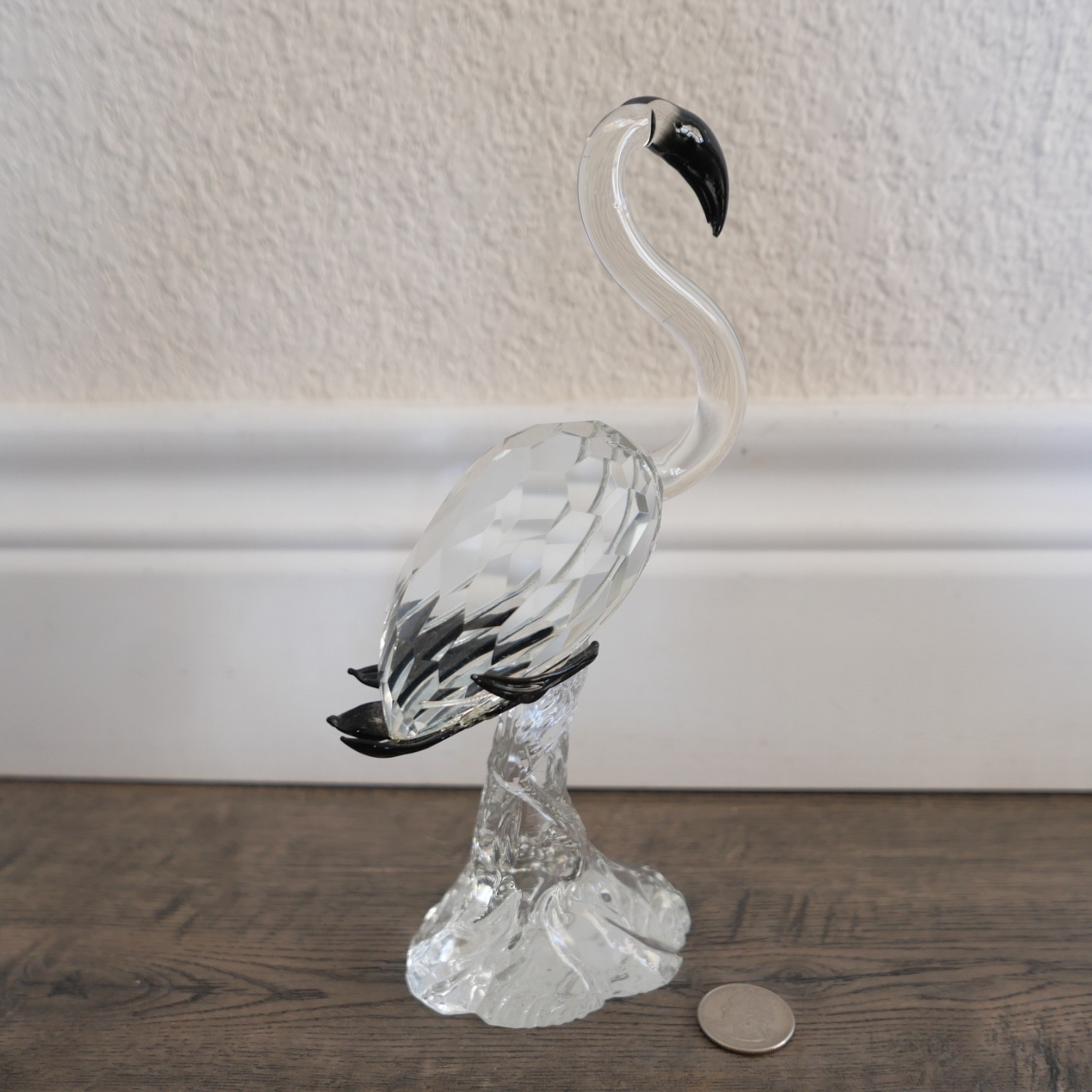 Faceted Crystal Flamingo Clear with Black Feathers 9″ Inch Figurine !!!
