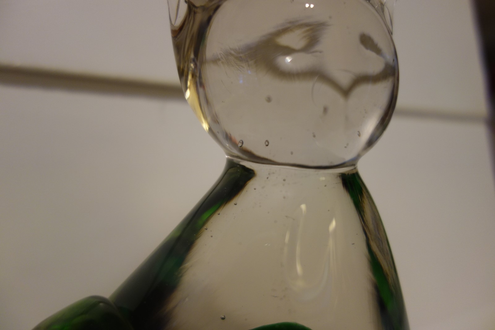Murano Style Art Glass Handblown Cat Figurine Clear with Green