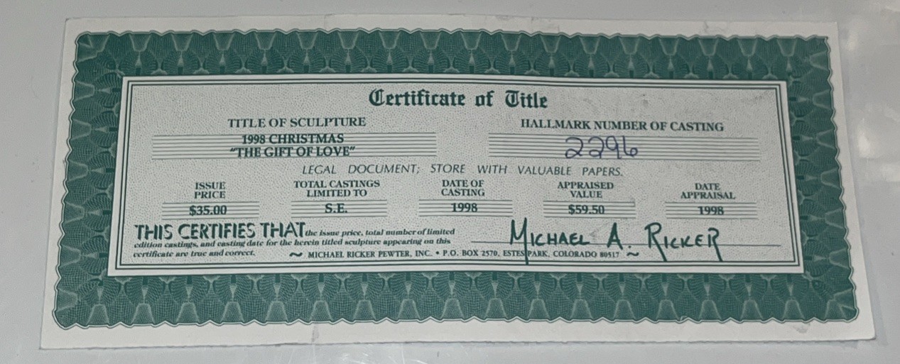 Michael Ricker Pewter 1998 Christmas “ The Gift Of Love” With Certificate ￼