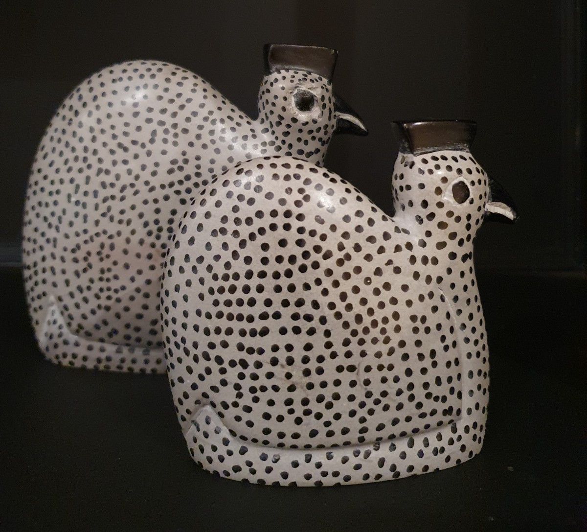 Hand Made Stone Painted Mother Chick Birds Figurines Contemporary Guinea Fowl x2