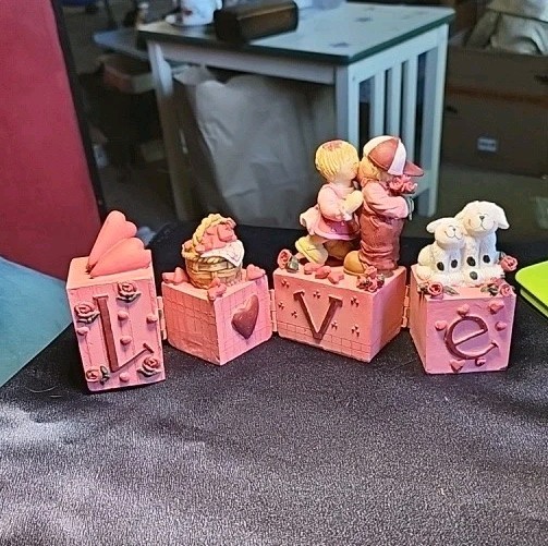 Vintage Resin LOVE Blocks Unbranded China Hinged Cottage Farmhouse Enesco-style