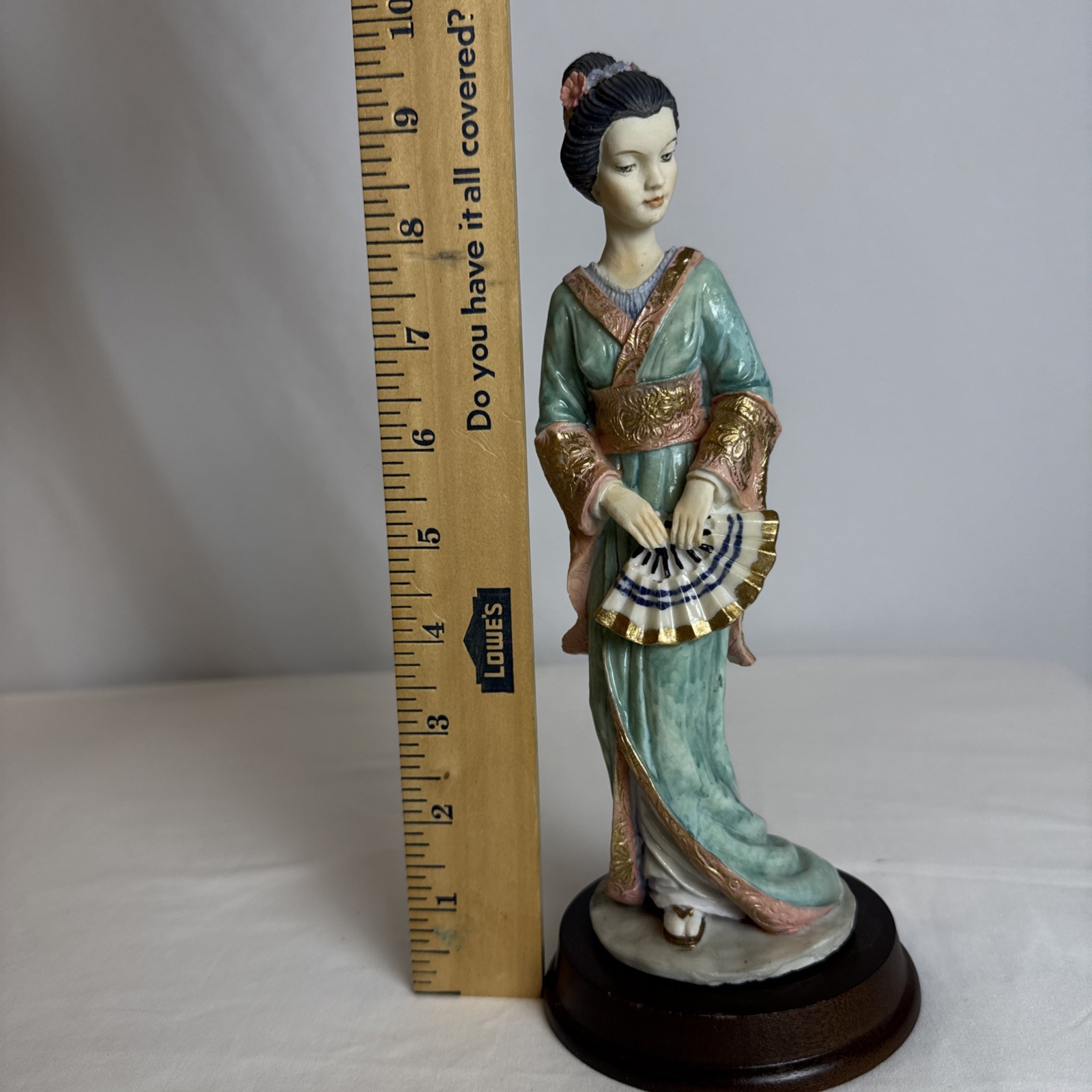 VTG Arnart Pucci Signed Porcelain Geisha Figurine Japanese Lady Fan Wood Base