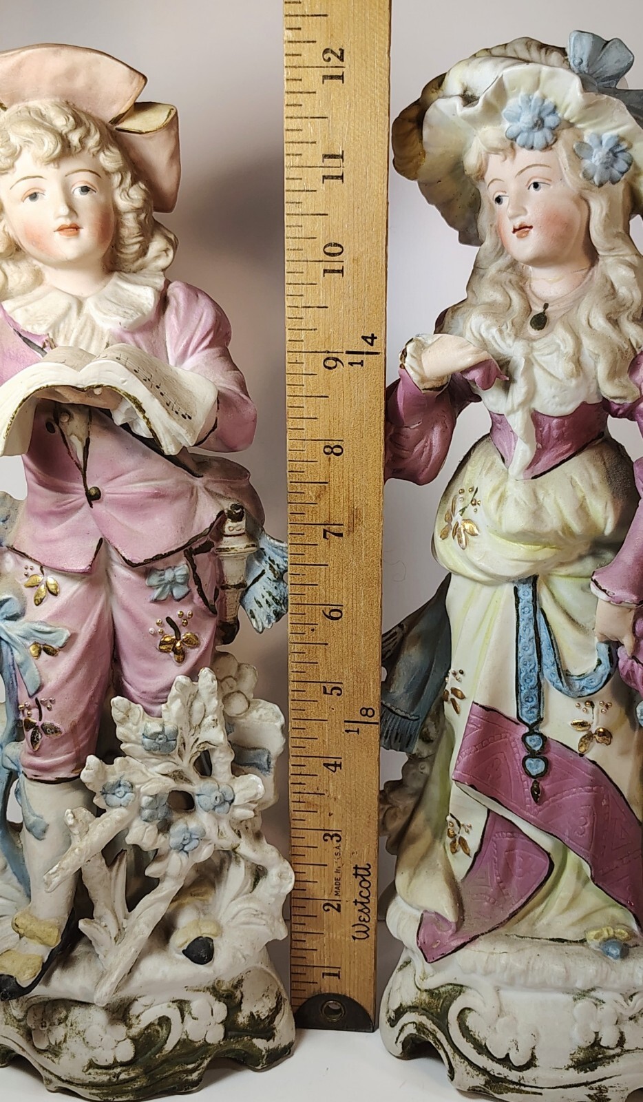 Pair Of Antique Bisque Figurines Romantic Courting Young Couple 12″ Tall (Read)