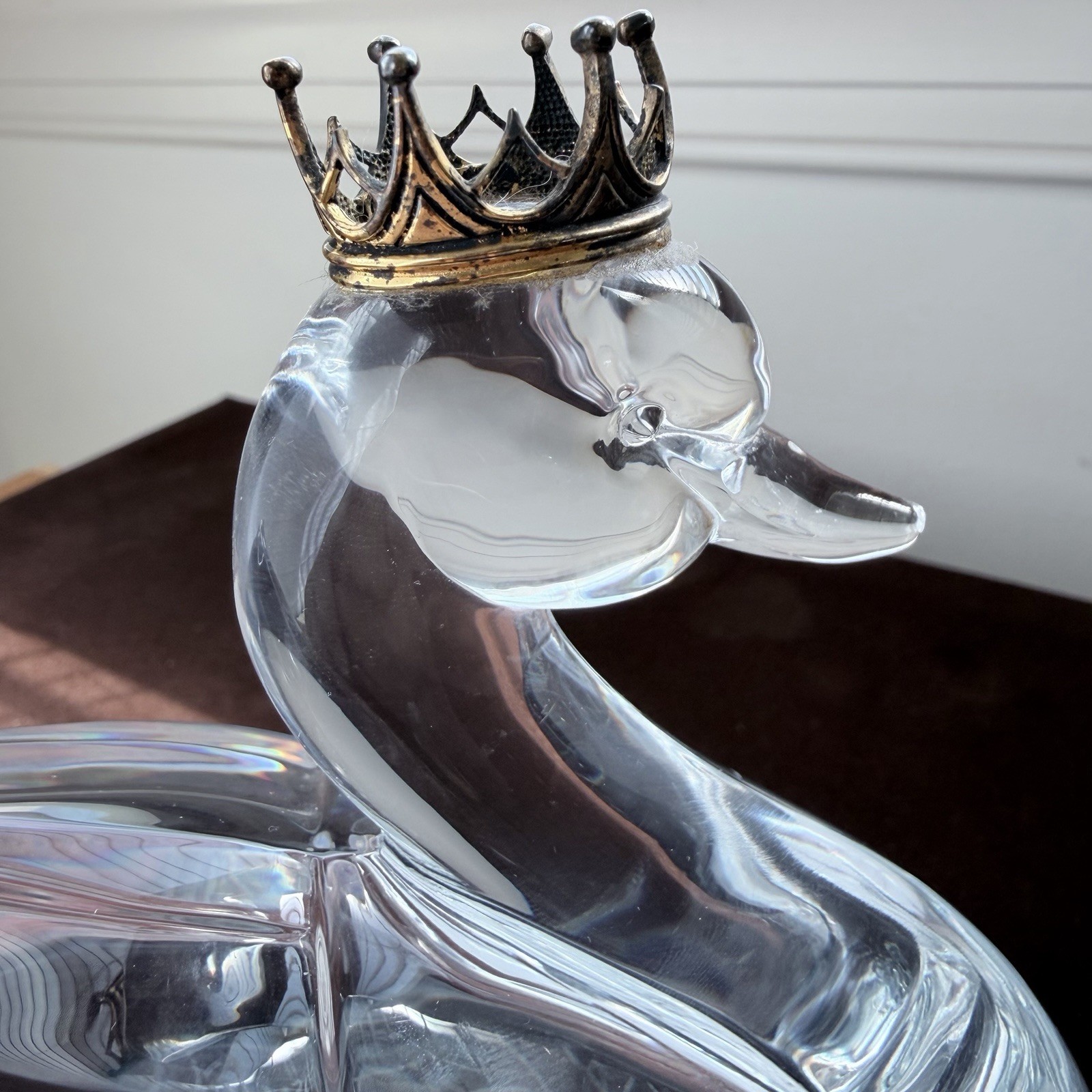 Lead Crystal Swan Figurine With Golden Crown Statue, Made in France