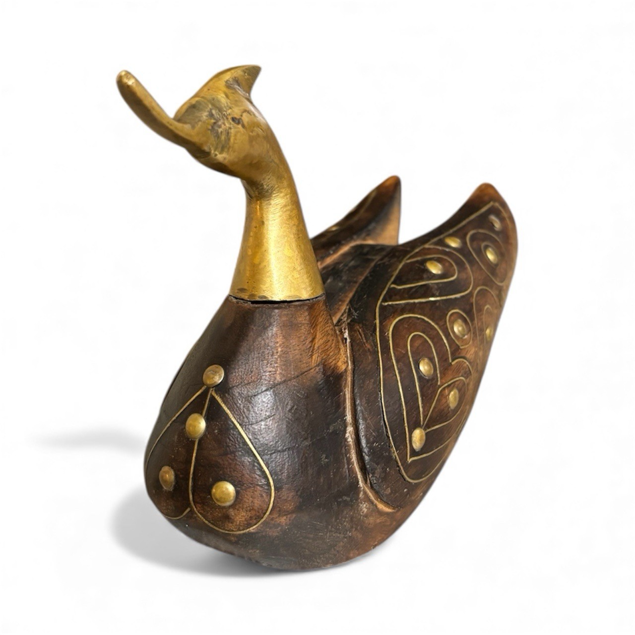 HAND CARVED Solid Wood/Brass Duck Figurine