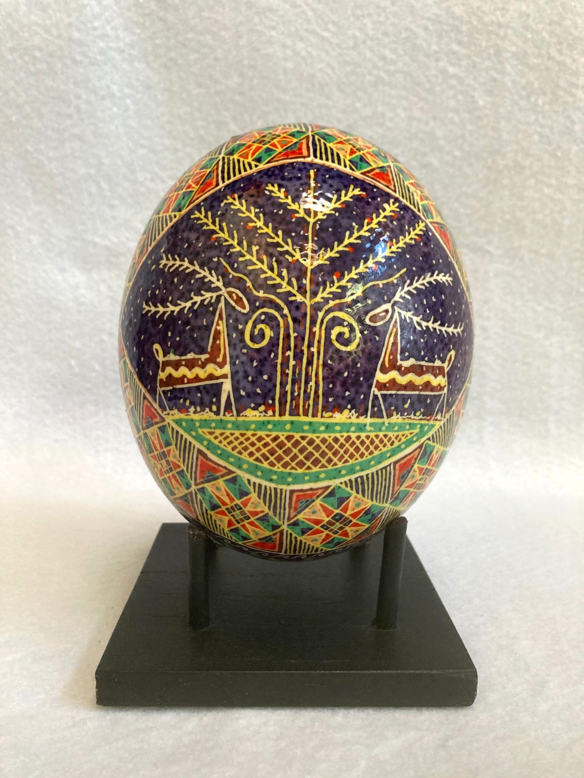 Traditional Pysanka Ukranian Easter Egg Ostrich Egg 6 X 5 w/Stand