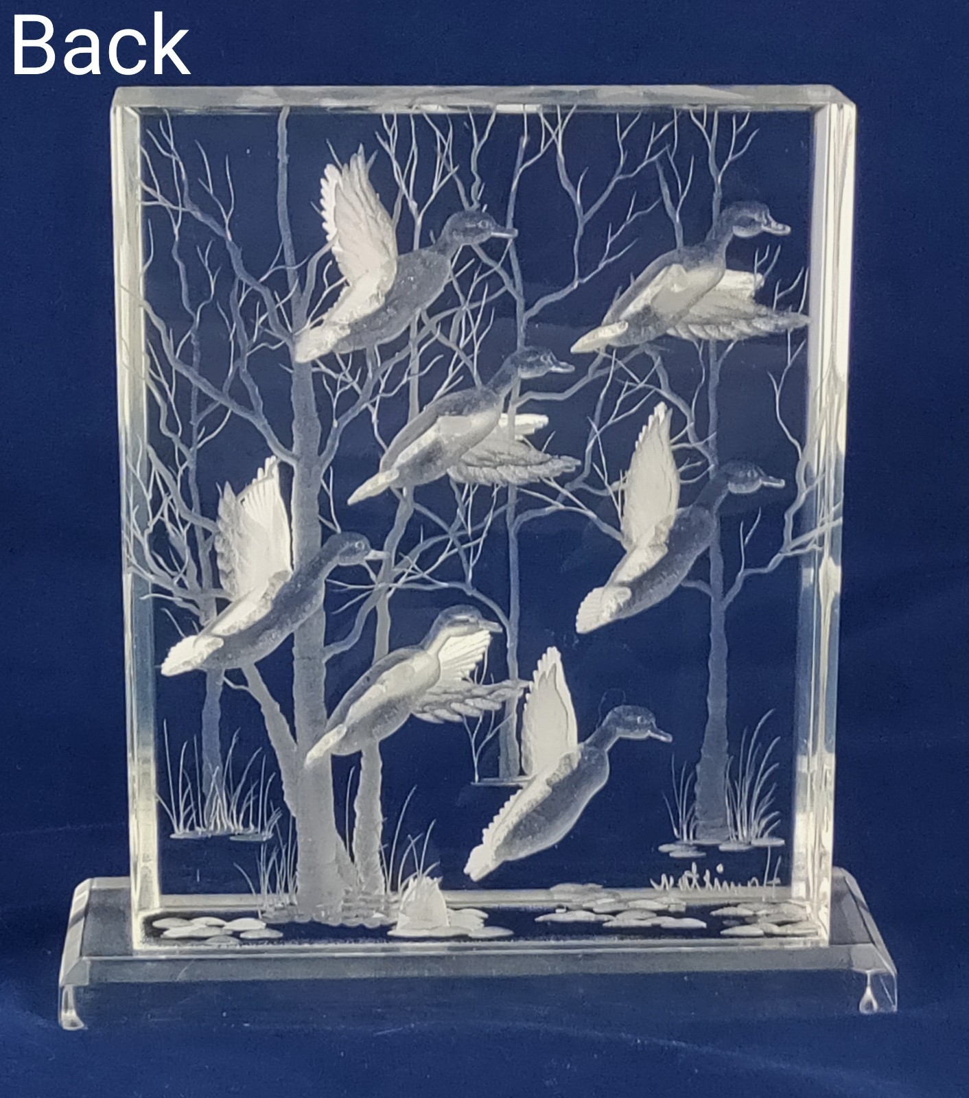 Reversed Carved Lucite Sculpture 3D Effect Ducks In Flight Signed Hamilton