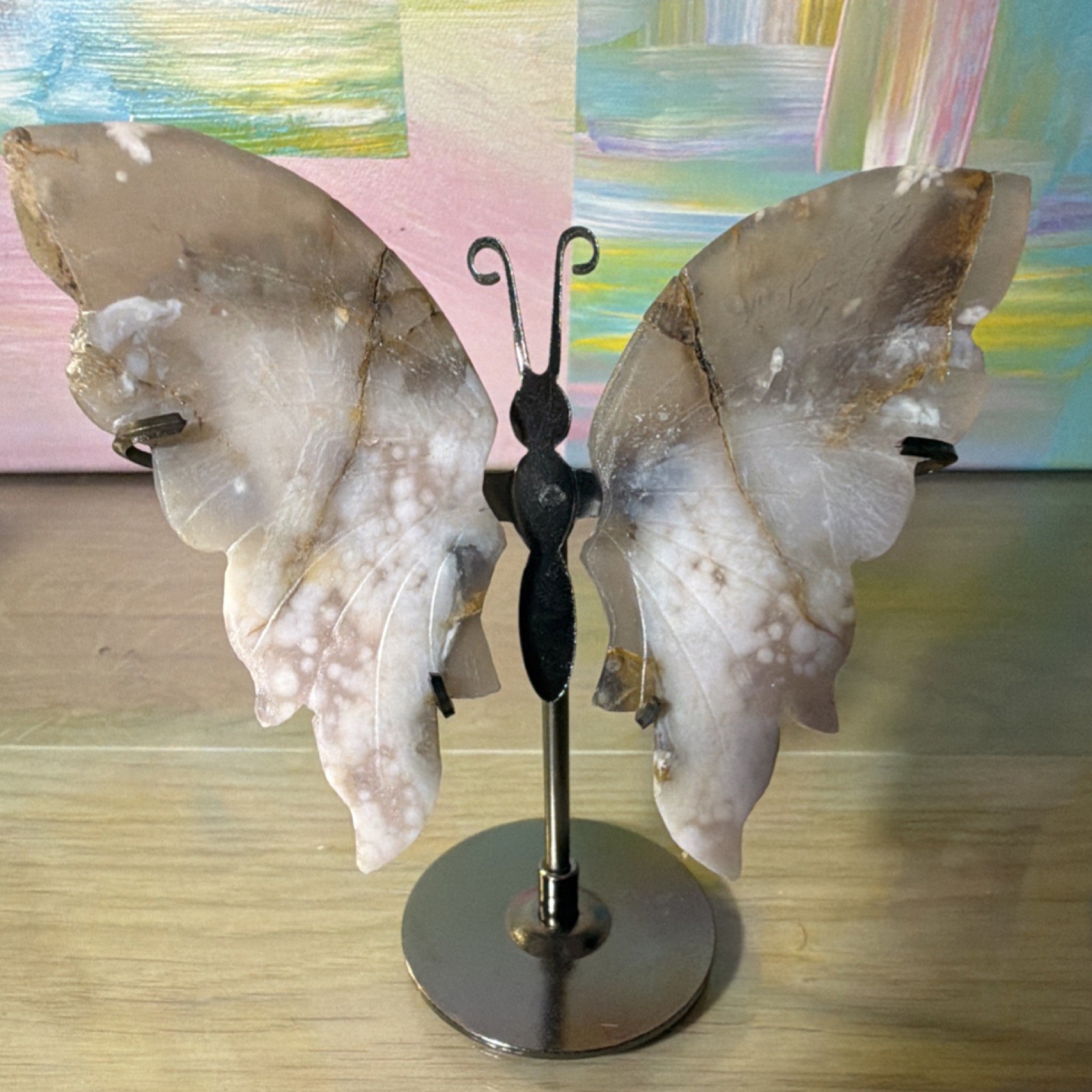Stone Butterfly Figurine Sculpture with Metal Stand, Brown White, Medium, 6x6x2″