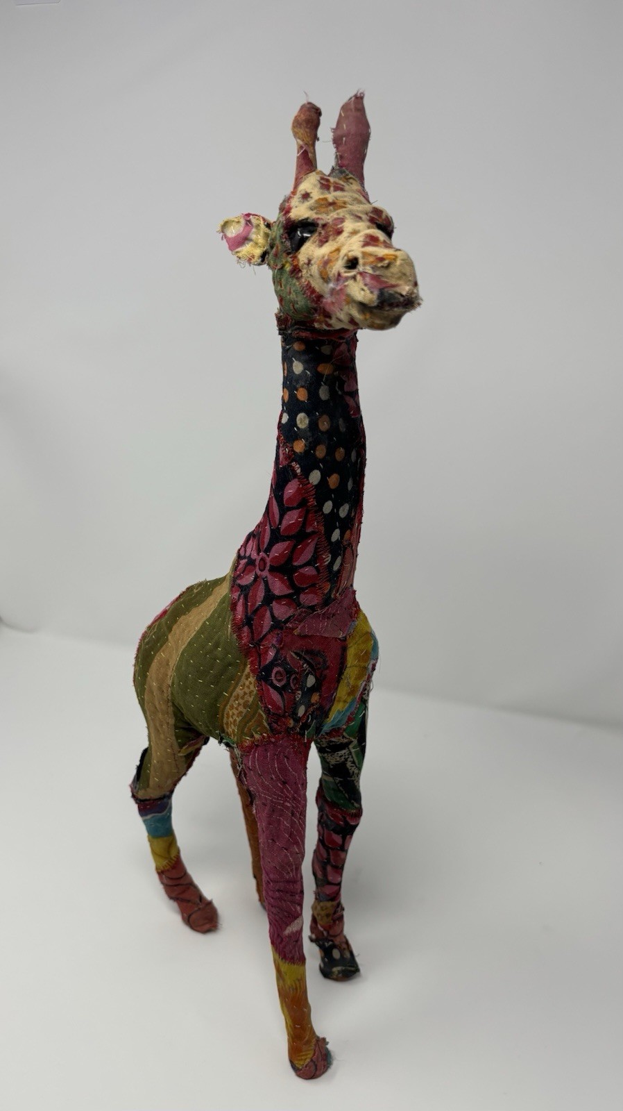 Vintage Giraffe Statue Patchwork Sari Fabric Mache Sculpture 18″ Decor