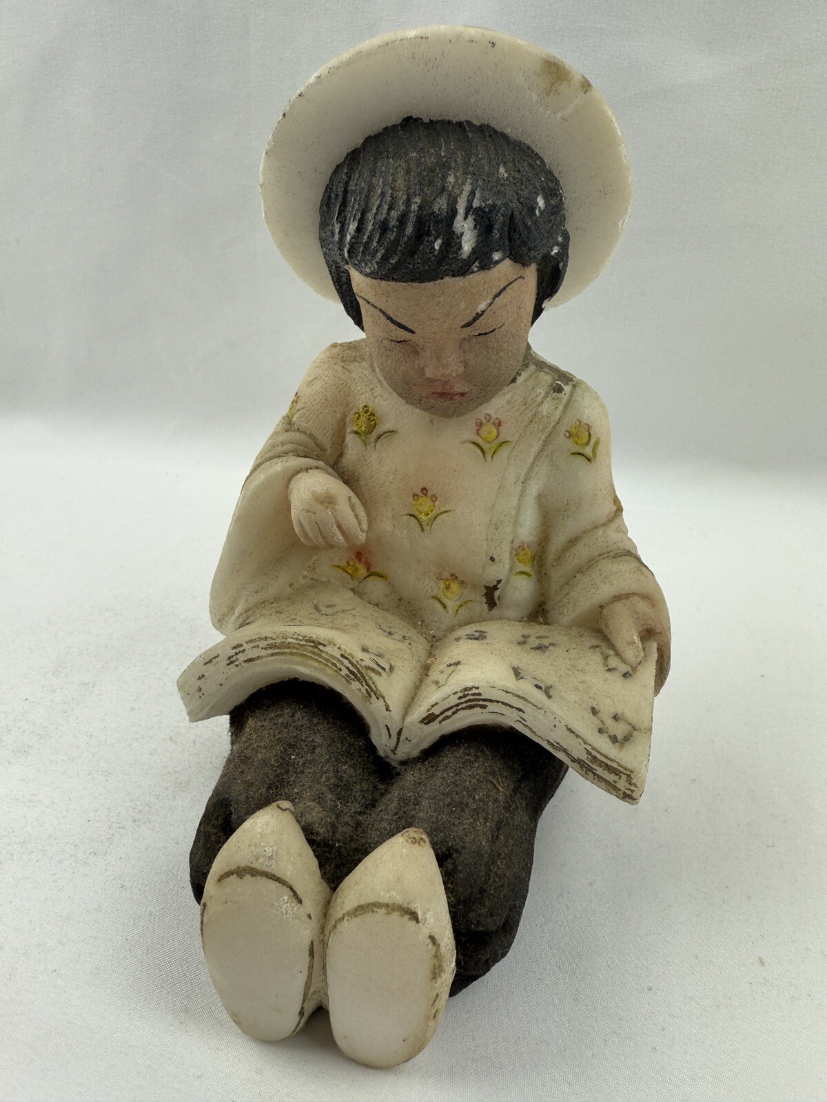 Vintage Pair of Asian Girl & Boy Reading a Book Chalk Ware Figures