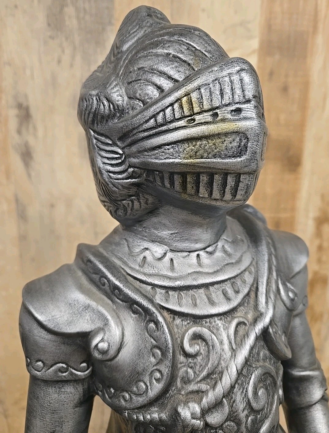 25″ Vintage Medieval Knight Chalkware Sculpture Statue Artist Signed Silver Old