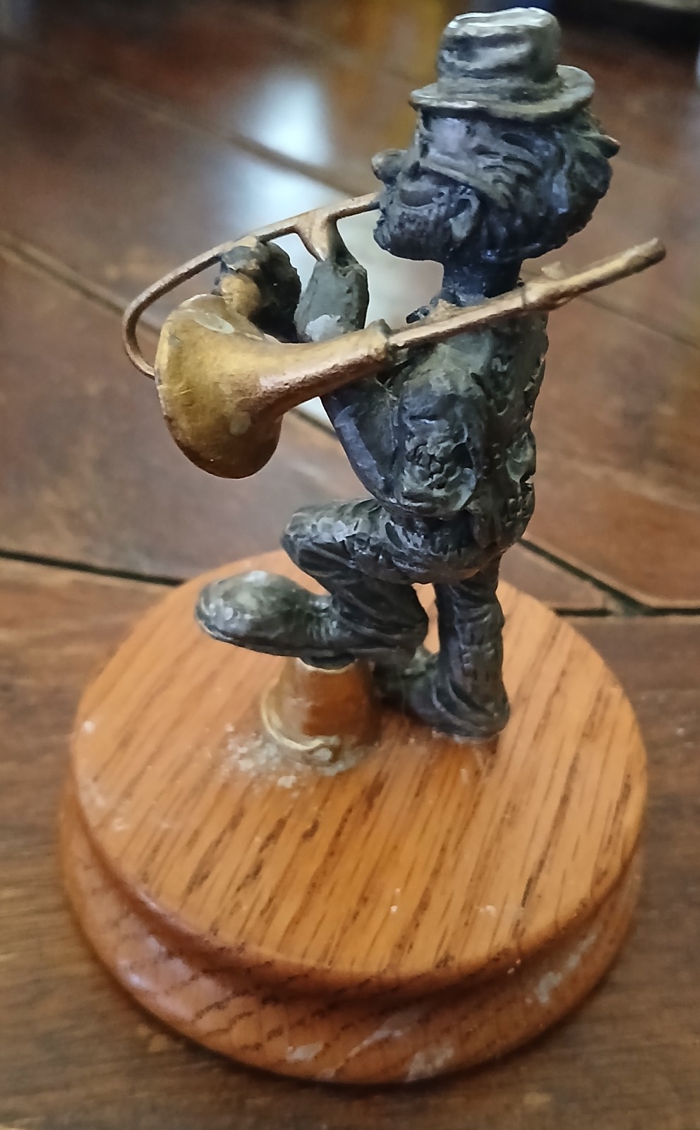 Ron Lee Hobo Clown Playing Trombone Figurine Pewter Band Collection Wood Base