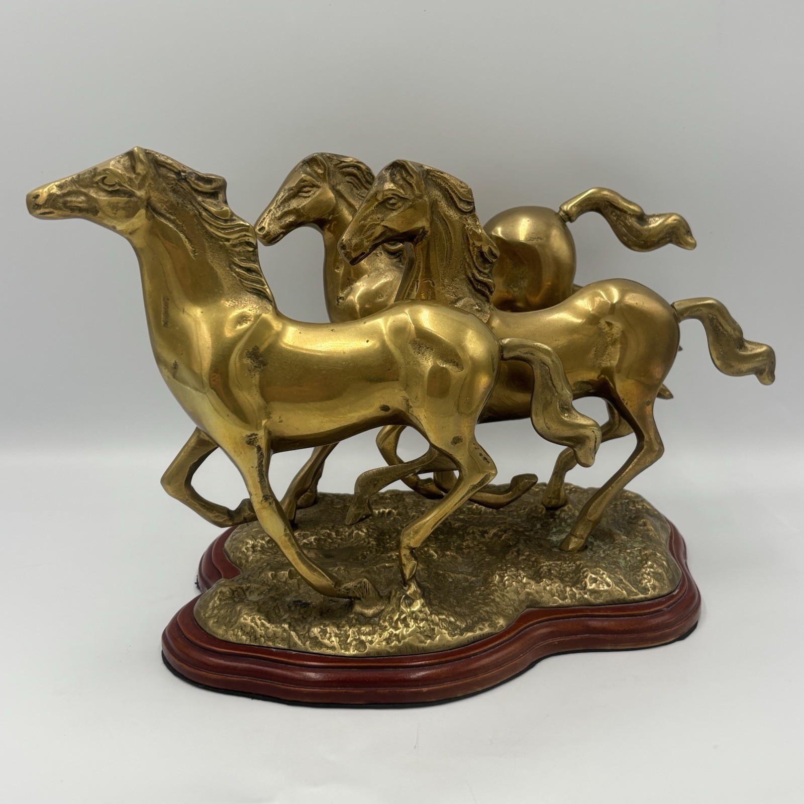 Vintage Brass Galloping Horses Sculpture Mounted on Wood Base Paperweight ART