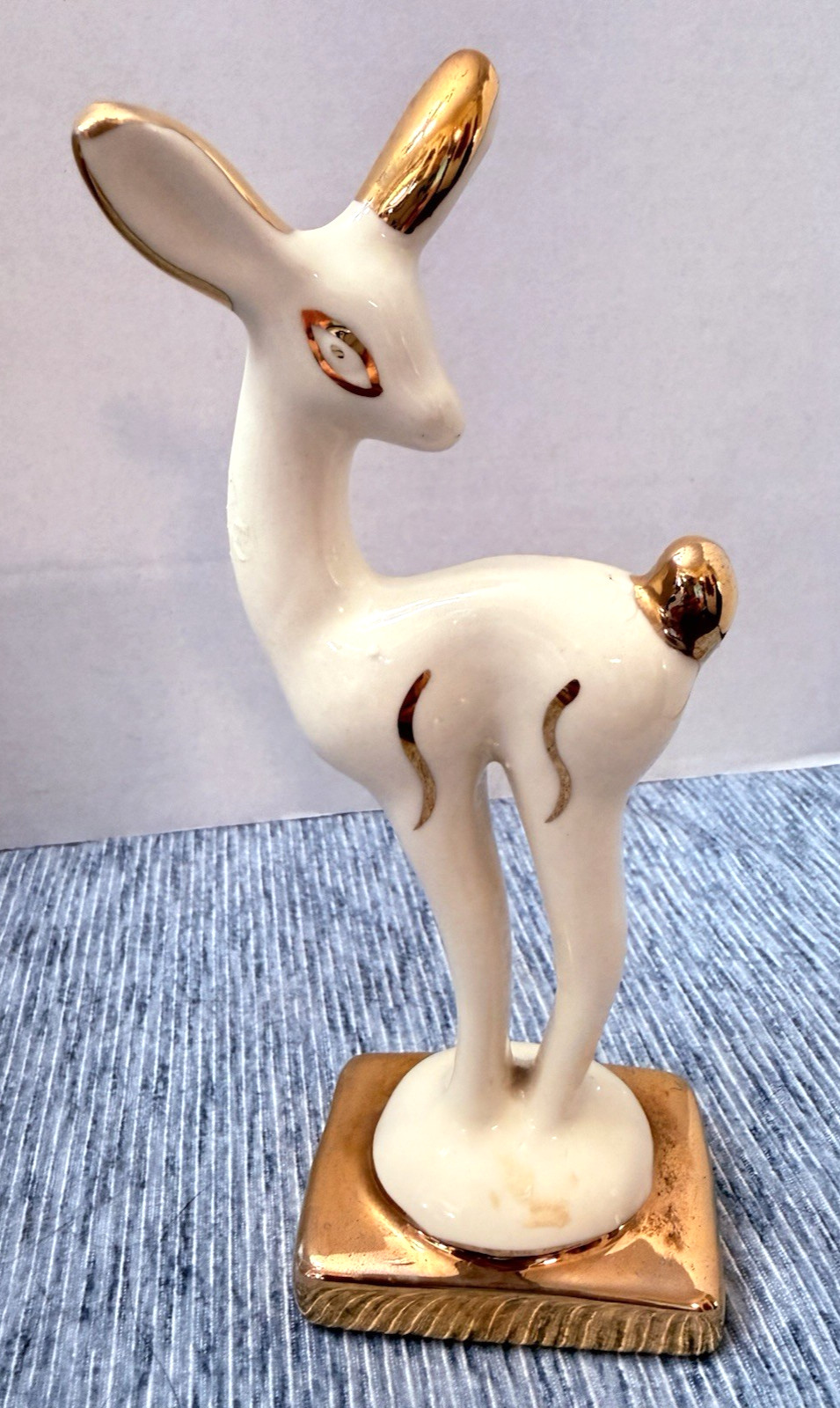 Vintage MCM ROYAL HAEGER? WHITE & GOLD PORCELAIN DEER FIGURINE 8″ Tall USA
