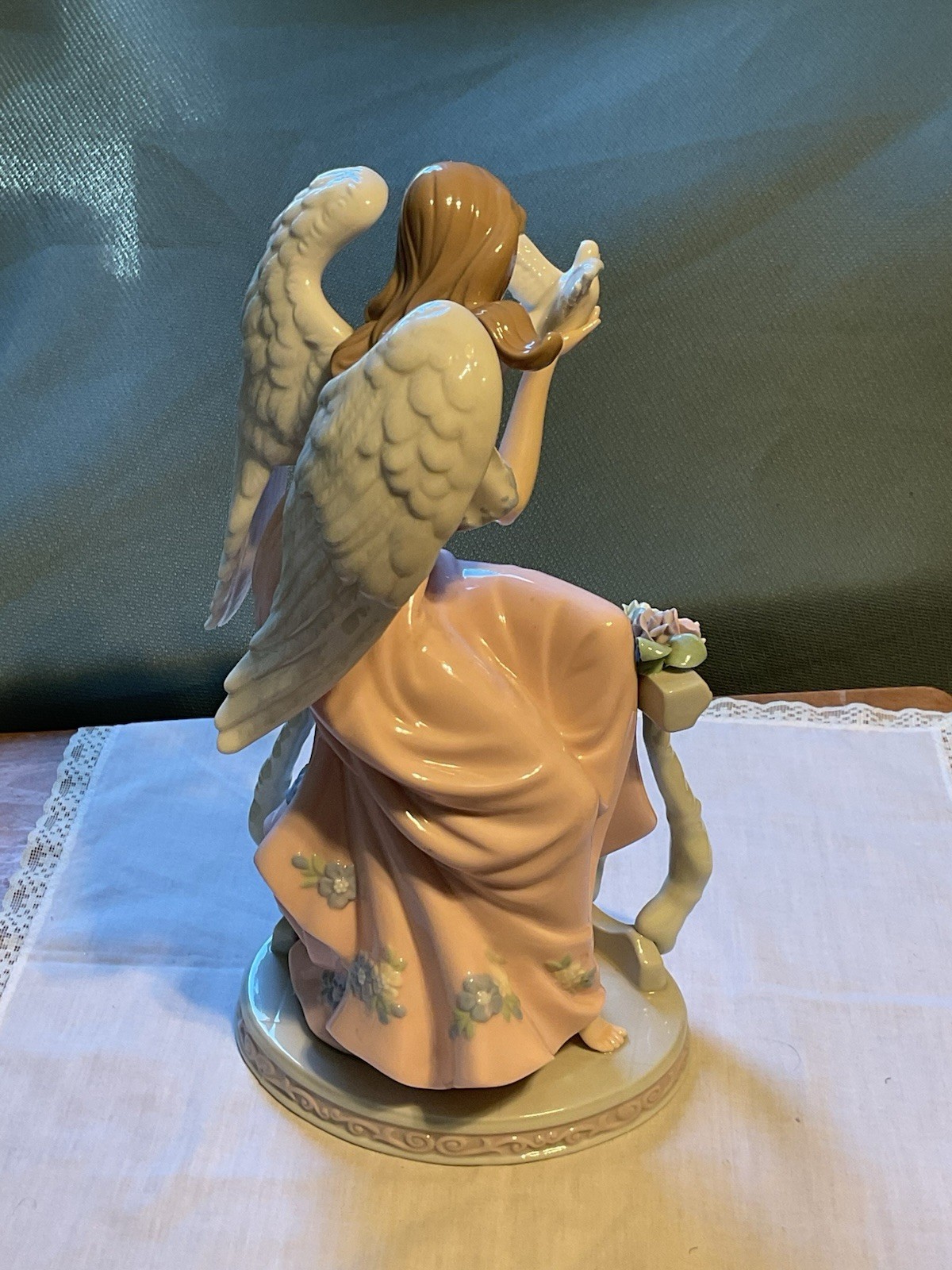 Porcelain Hand Painted Angel Garden Rail Dove in Hand 12” Figurine