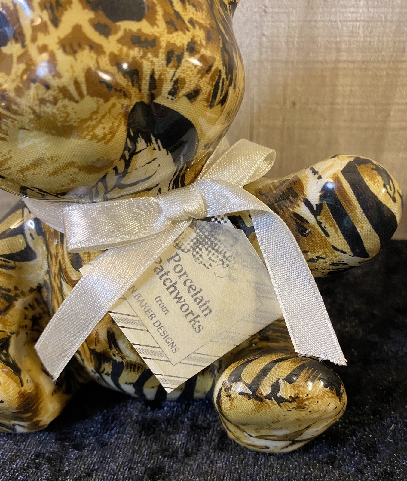 Joan Baker Porcelain Patchwork Animal Print Teddy Bear Sitting Statue