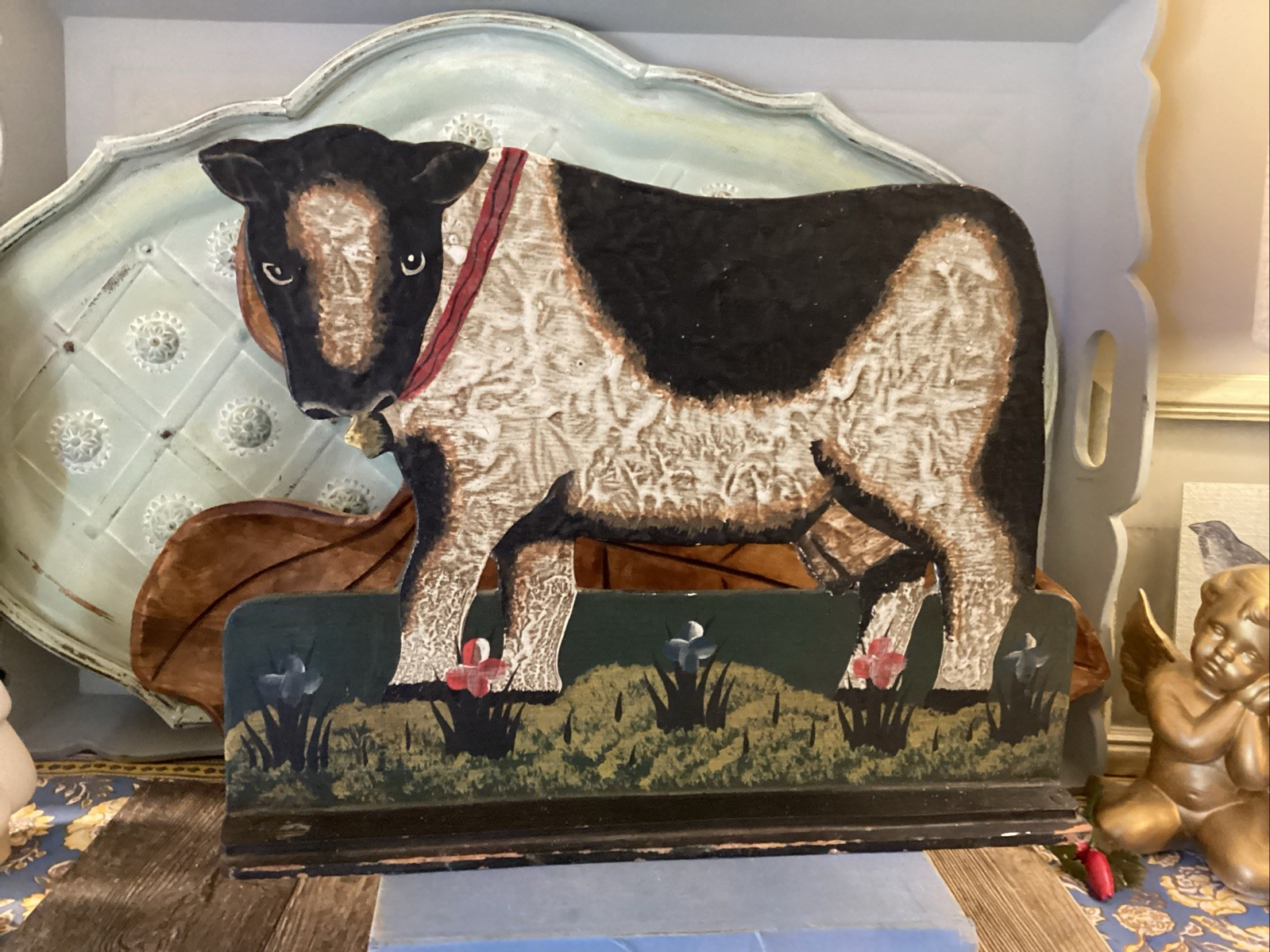 Primitive Farmhouse Large Wooden Cow Folk Art Handmade Farm Double Sided Shabby
