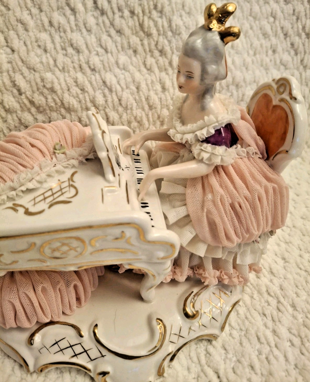 Dresden Lady (Playing Piano) in Pink & White Lace Dipped In Porcelain Germany