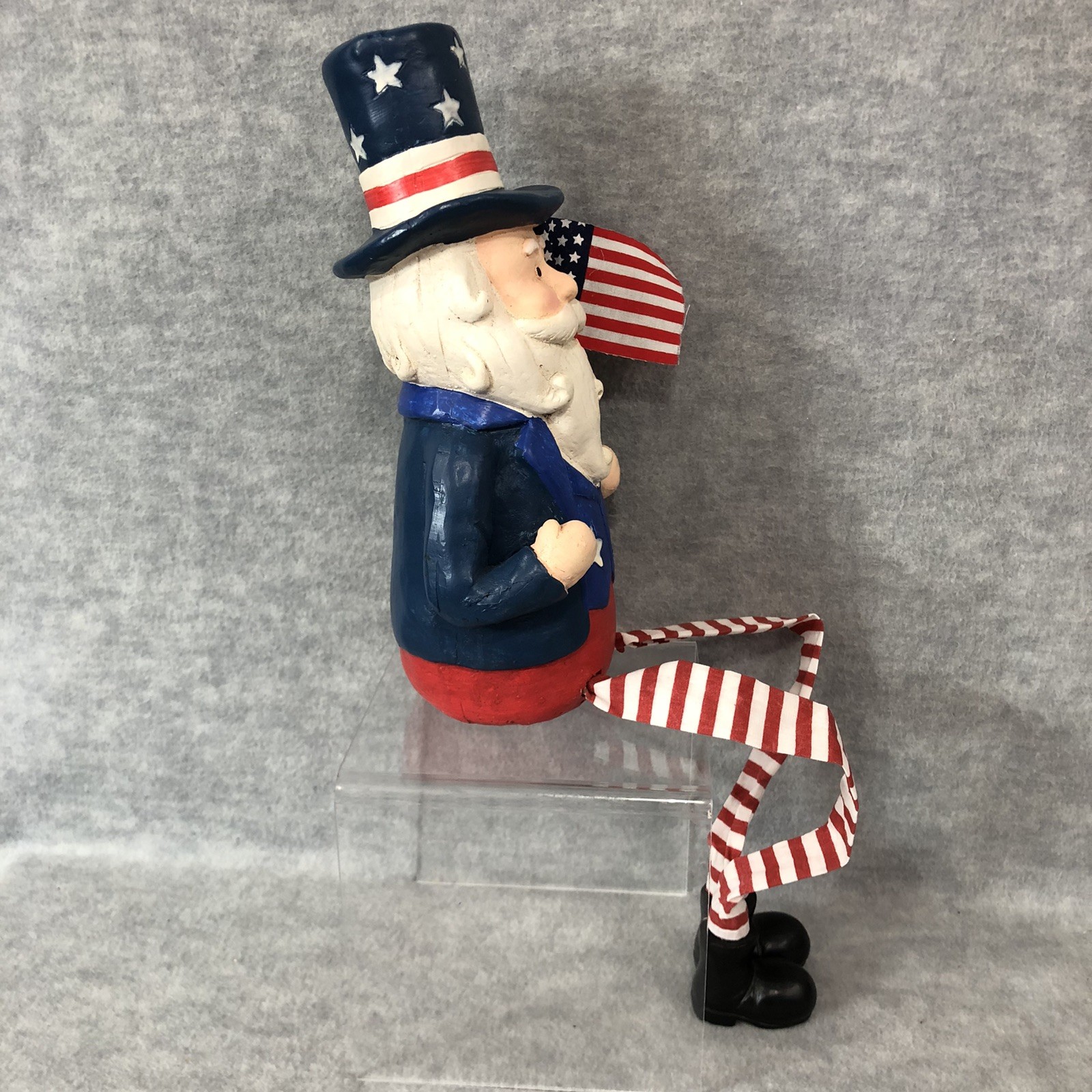 Patriotic Uncle Sam Shelf Sitter Top Hat Holds USA Flag Dangle Striped Leg 18.5″