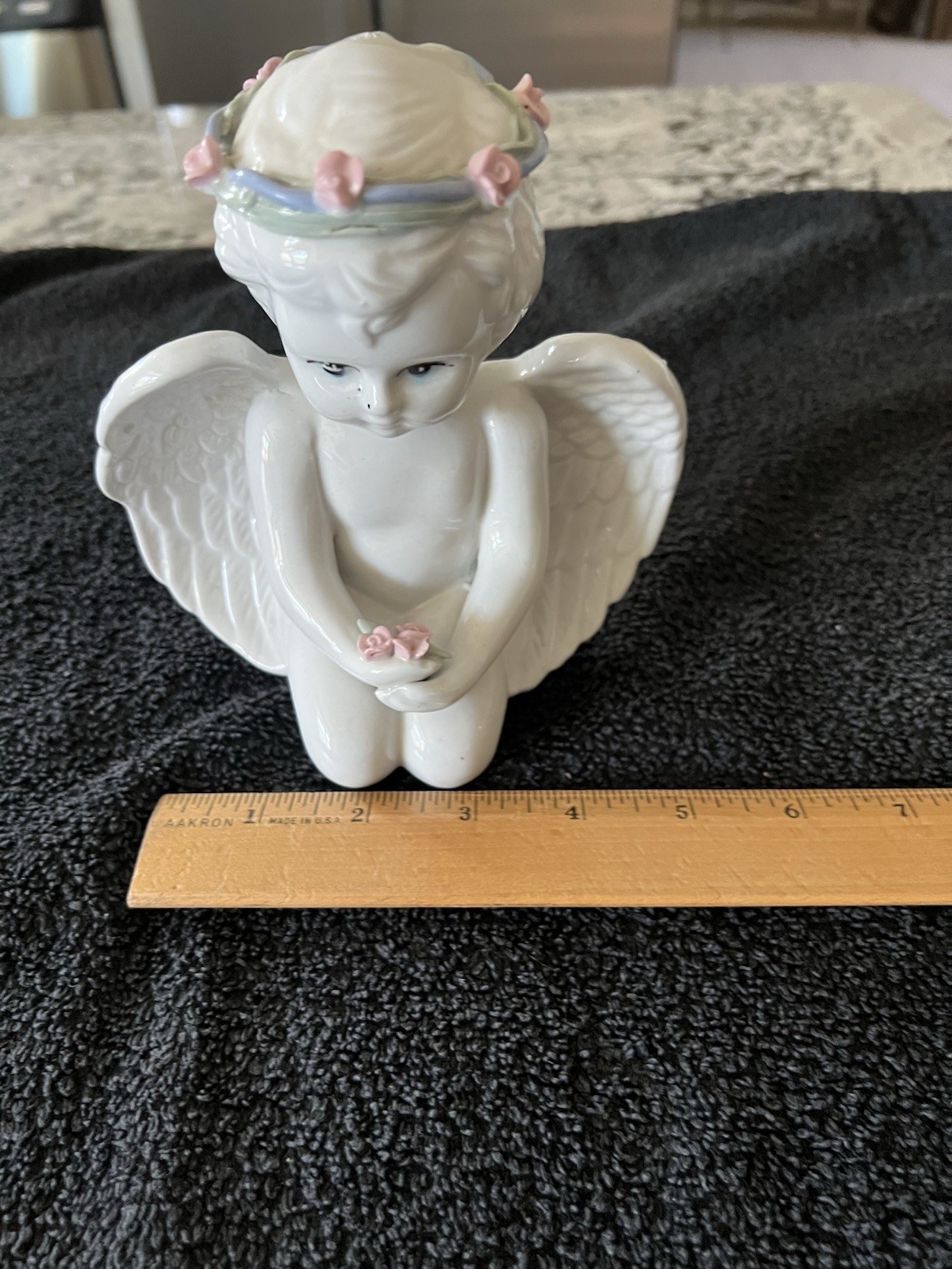 White Glazed Porcelain Cherub Angel Figurine Pink Roses Floral Crown Sitting